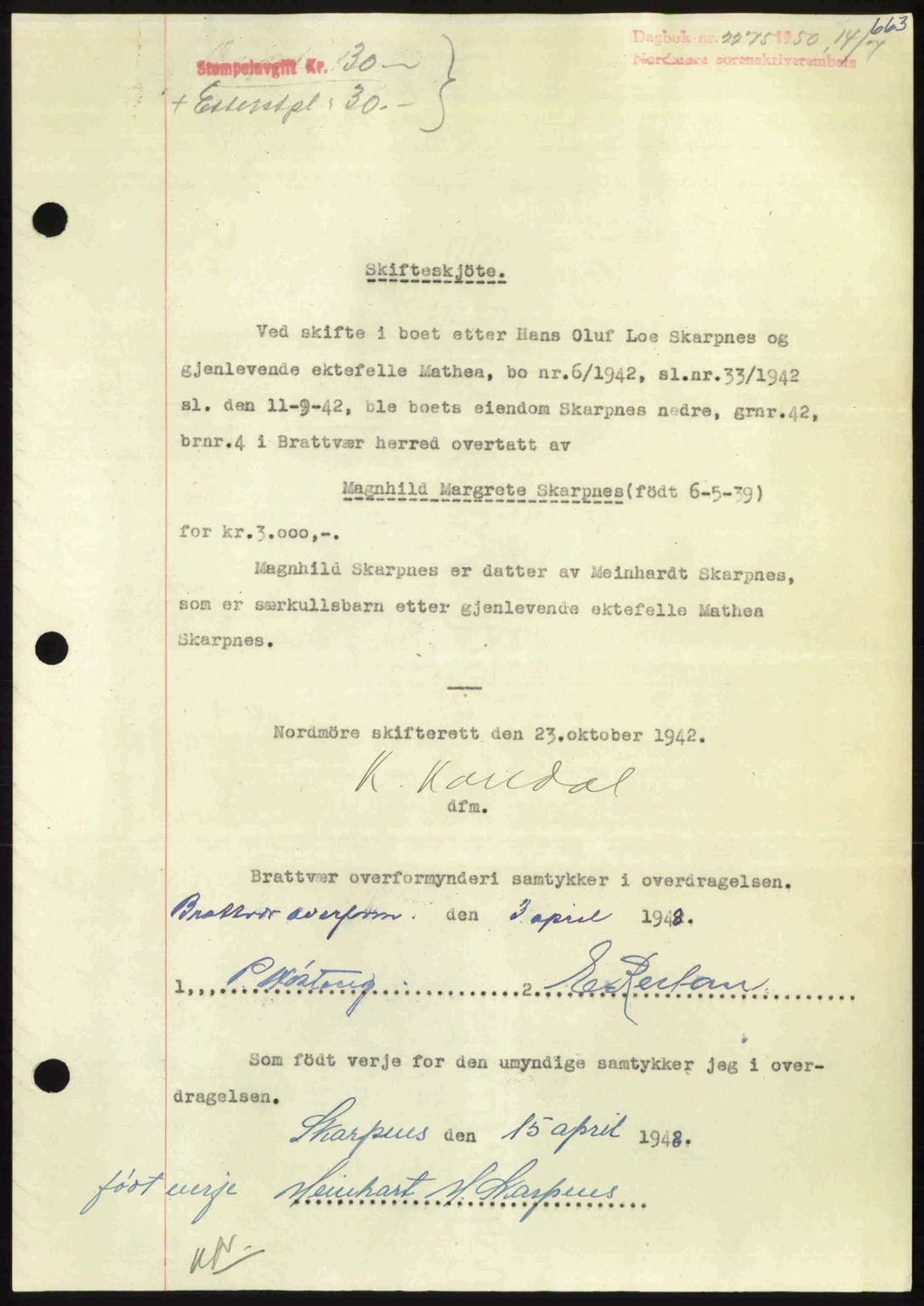 Nordmøre sorenskriveri, AV/SAT-A-4132/1/2/2Ca: Mortgage book no. A115, 1950-1950, Diary no: : 2275/1950