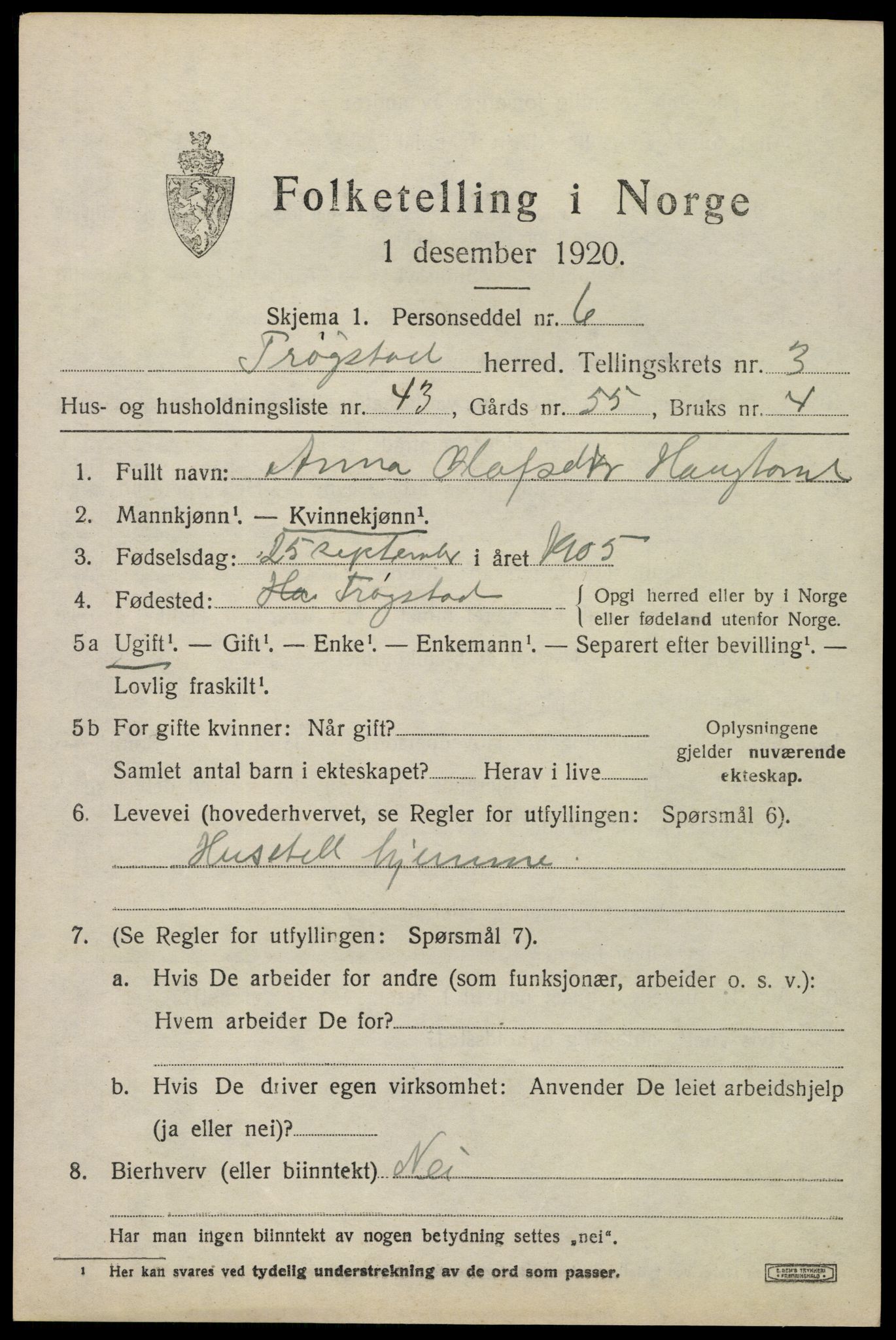 SAO, 1920 census for Trøgstad, 1920, p. 3850