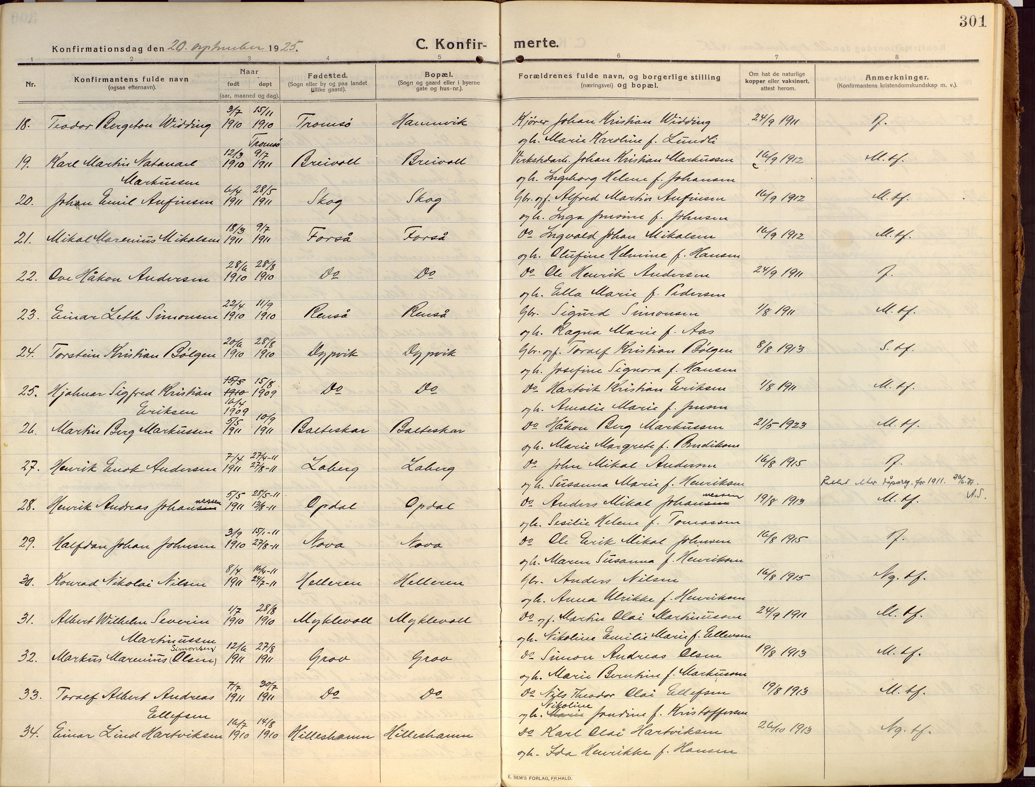 Ibestad sokneprestembete, SATØ/S-0077/H/Ha/Haa/L0018kirke: Parish register (official) no. 18, 1915-1929, p. 301