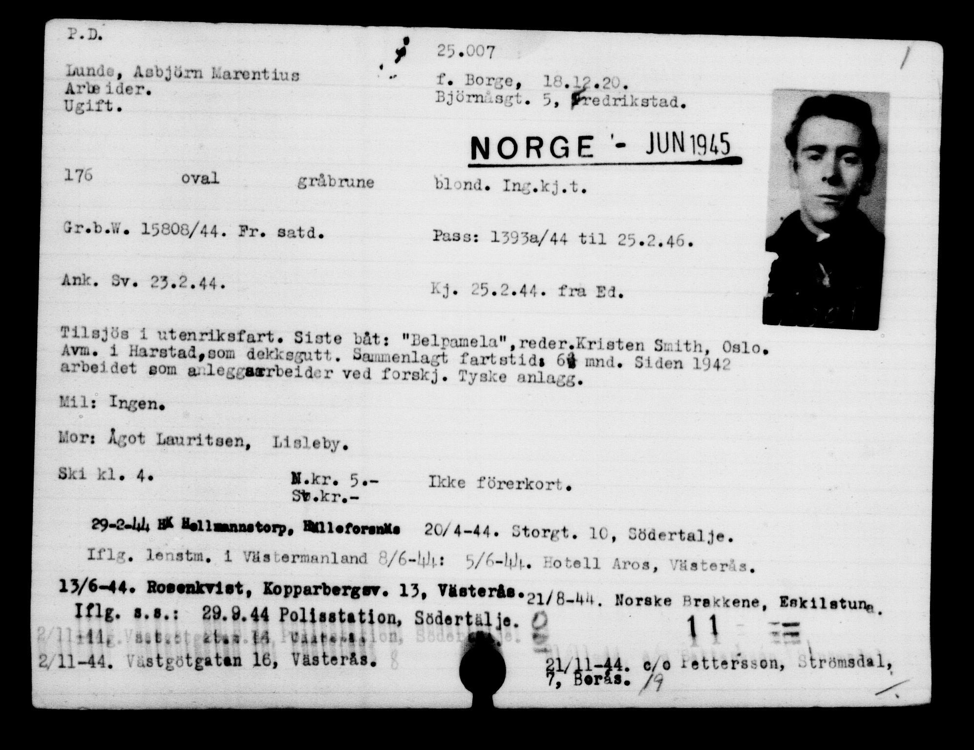 Utenriksstasjonene, Legasjonen i Stockholm, Flyktningkontoret, AV/RA-S-6753/V/Va/L0010: Kjesäterkartoteket, flyktninger med registreringsnr. 22000-25314, 1940-1945, p. 3160