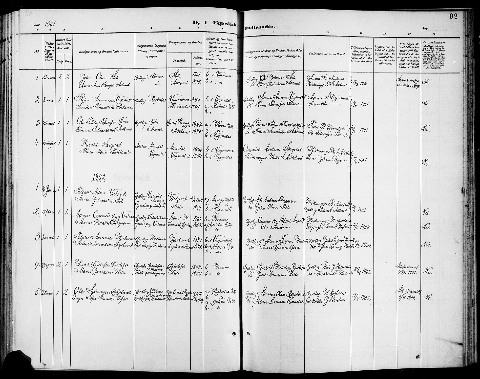 Nord-Audnedal sokneprestkontor, AV/SAK-1111-0032/F/Fb/Fbb/L0004: Parish register (copy) no. B 4, 1901-1917, p. 92