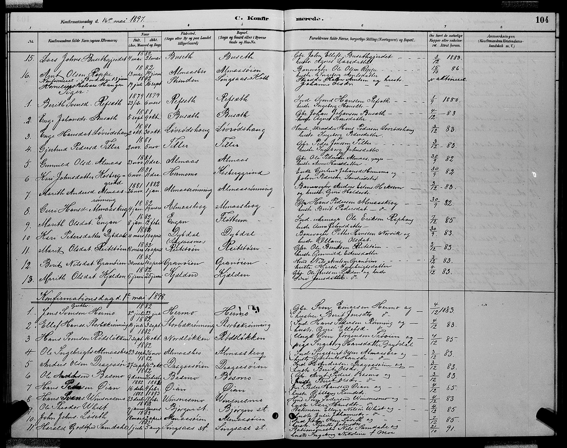 Ministerialprotokoller, klokkerbøker og fødselsregistre - Sør-Trøndelag, SAT/A-1456/688/L1028: Parish register (copy) no. 688C03, 1889-1899, p. 104