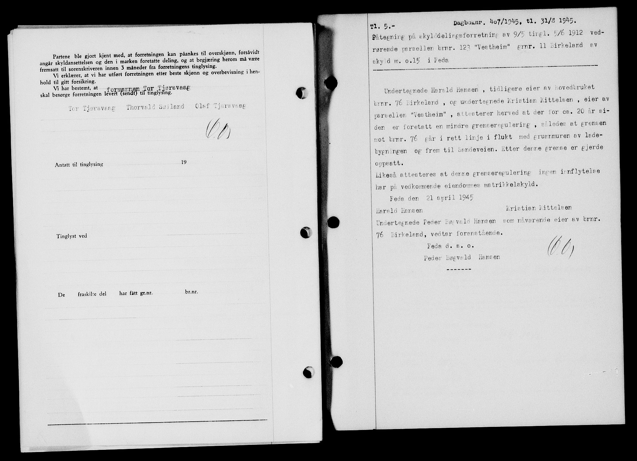 Flekkefjord sorenskriveri, SAK/1221-0001/G/Gb/Gba/L0059: Mortgage book no. A-7, 1944-1945, Diary no: : 407/1945