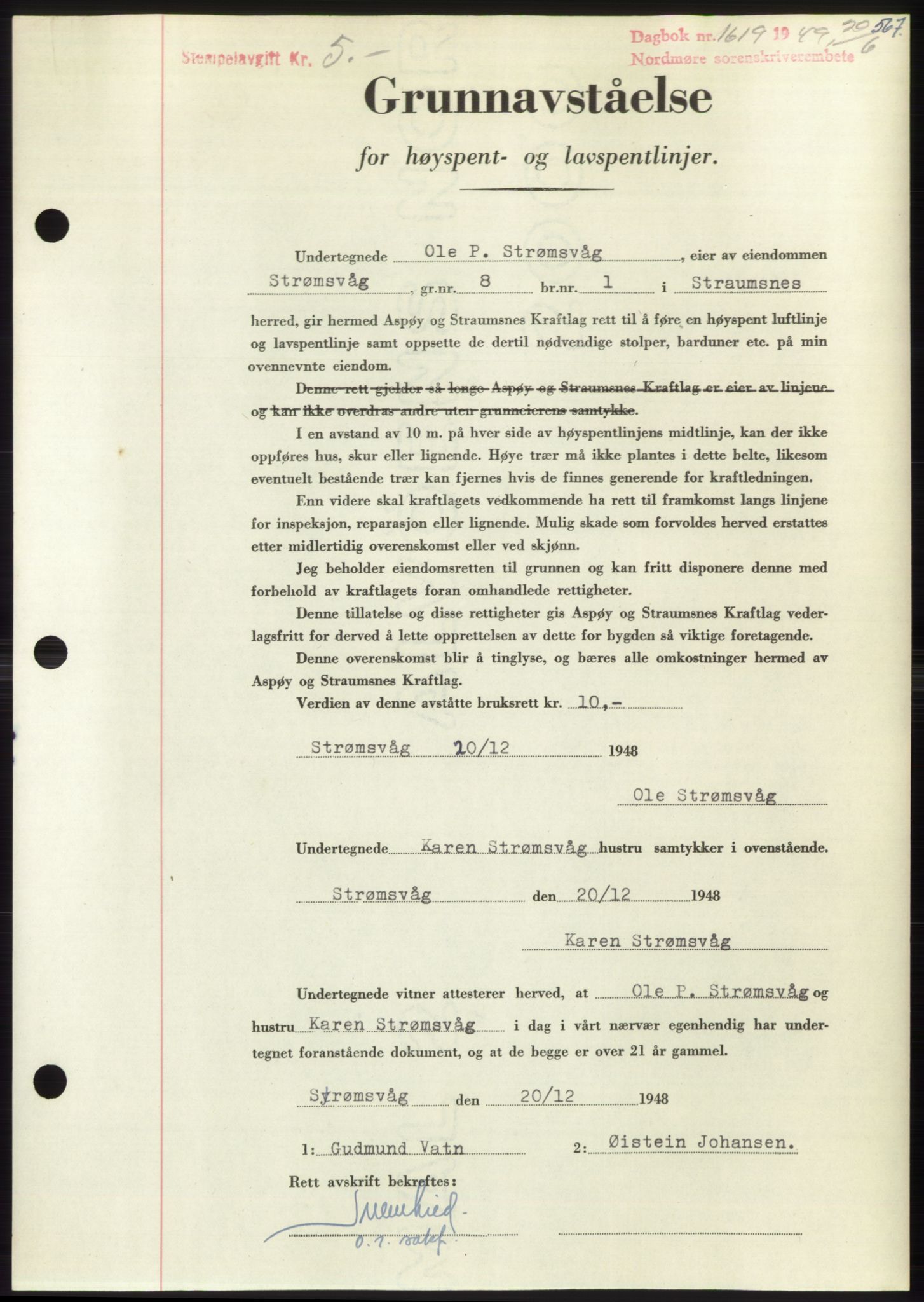 Nordmøre sorenskriveri, AV/SAT-A-4132/1/2/2Ca: Mortgage book no. B101, 1949-1949, Diary no: : 1619/1949