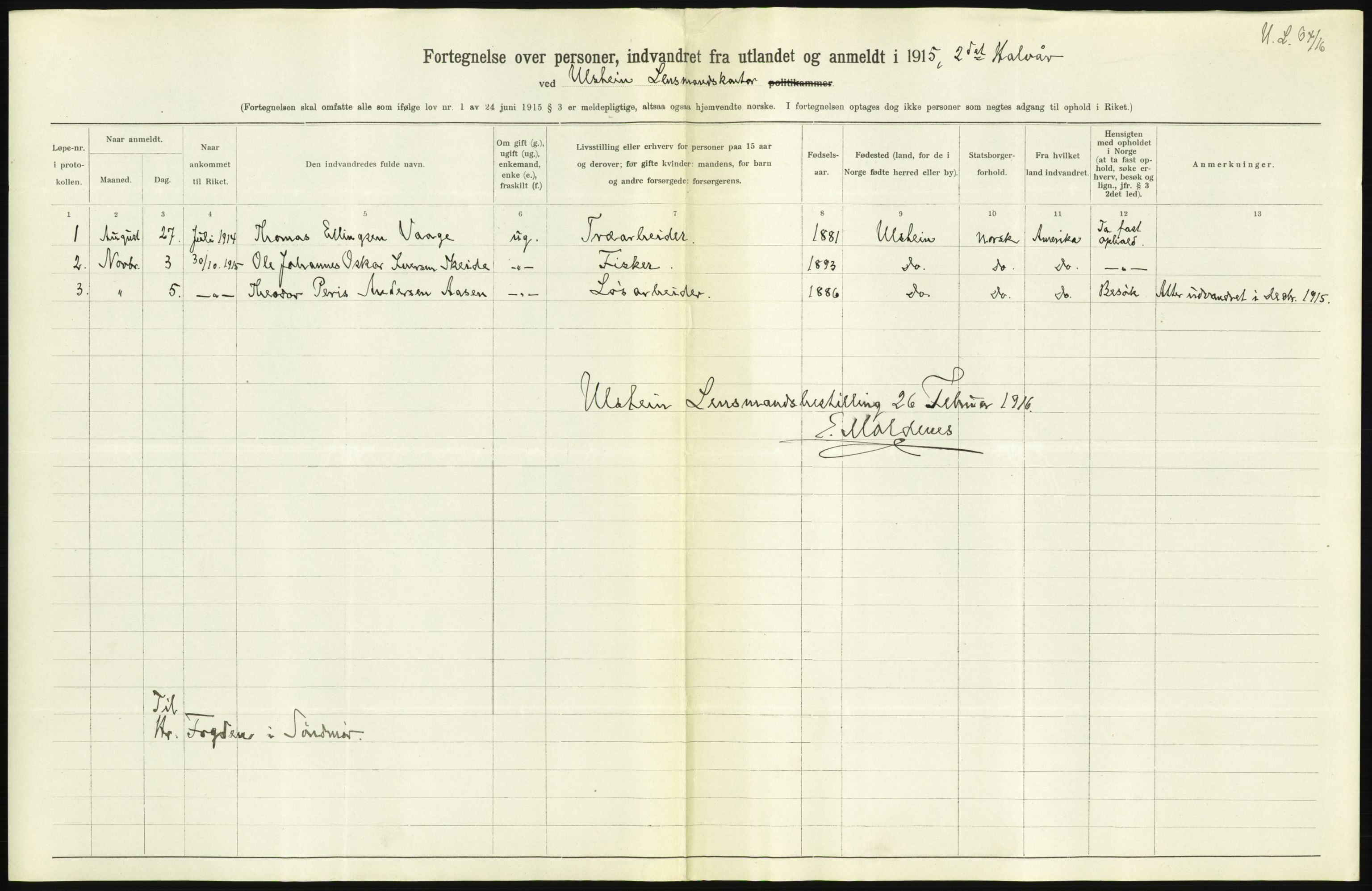 Statistisk sentralbyrå, Sosioøkonomiske emner, Folketellinger, boliger og boforhold, AV/RA-S-2231/F/Fa/L0001: Innvandring. Navn/fylkesvis, 1915, p. 472