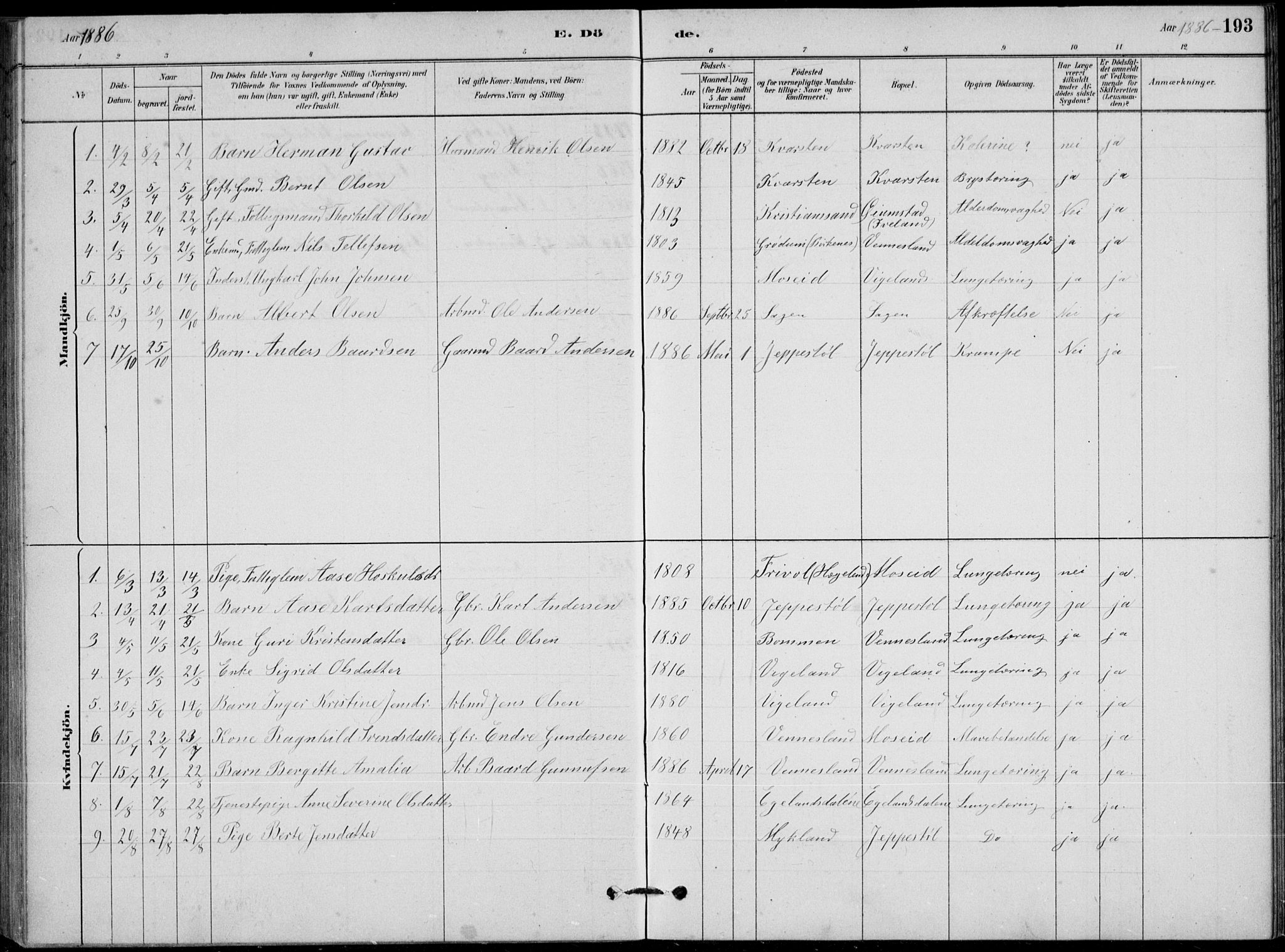 Vennesla sokneprestkontor, AV/SAK-1111-0045/Fb/Fbb/L0003: Parish register (copy) no. B 3, 1879-1893, p. 193