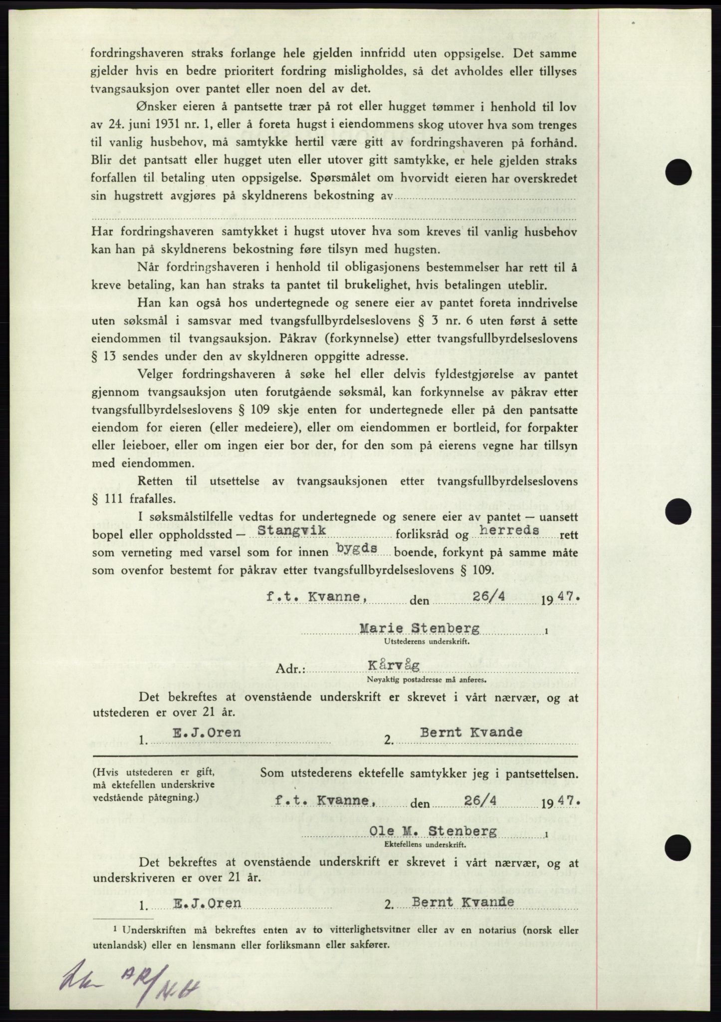 Nordmøre sorenskriveri, AV/SAT-A-4132/1/2/2Ca: Mortgage book no. B96, 1947-1947, Diary no: : 1018/1947