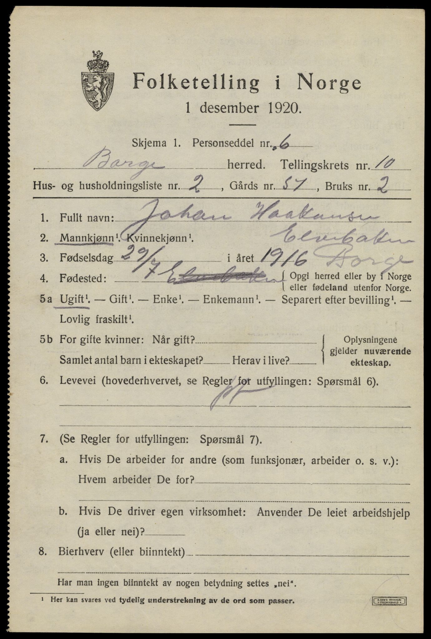 SAT, 1920 census for Borge, 1920, p. 8711