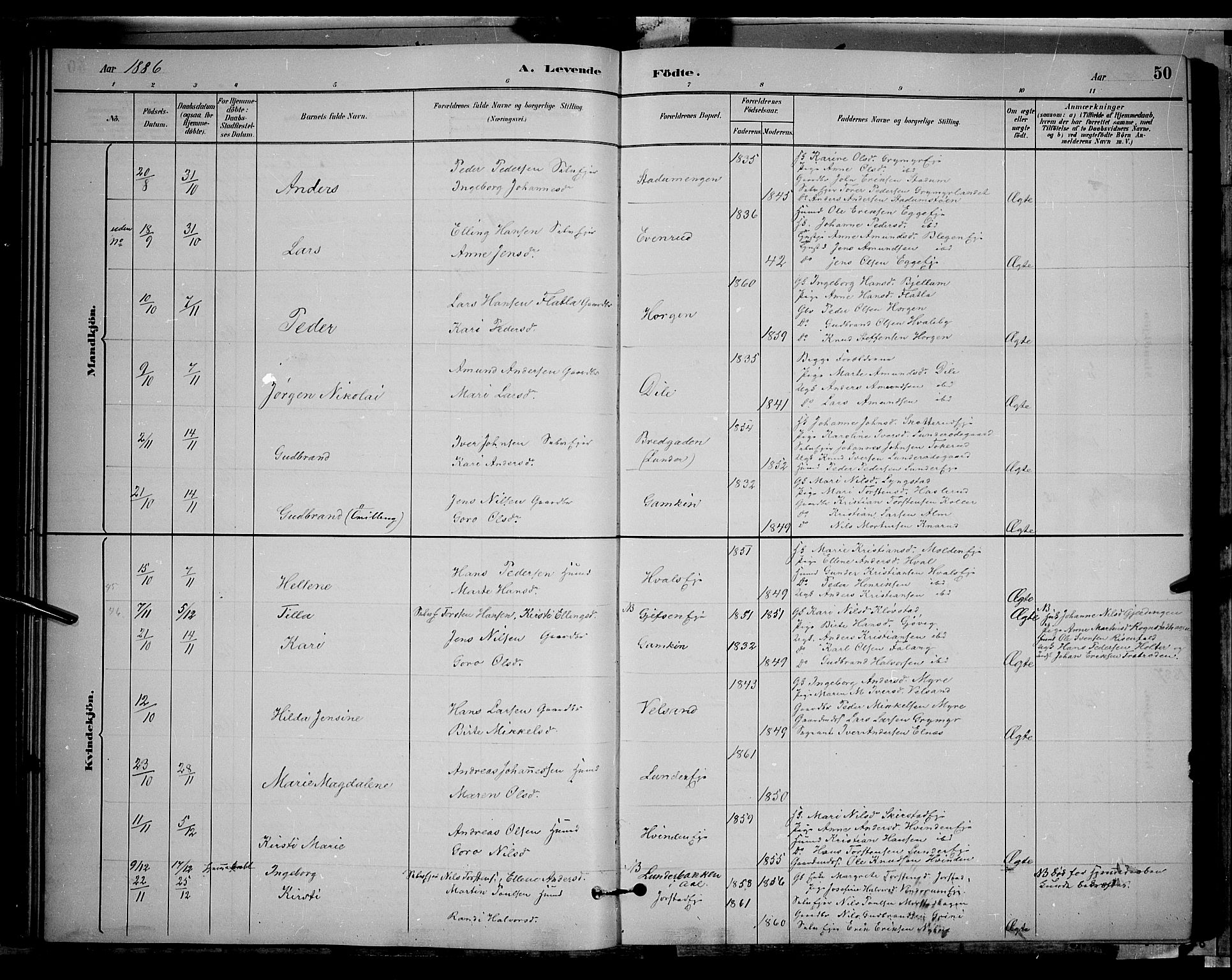 Gran prestekontor, SAH/PREST-112/H/Ha/Hab/L0002: Parish register (copy) no. 2, 1879-1892, p. 50
