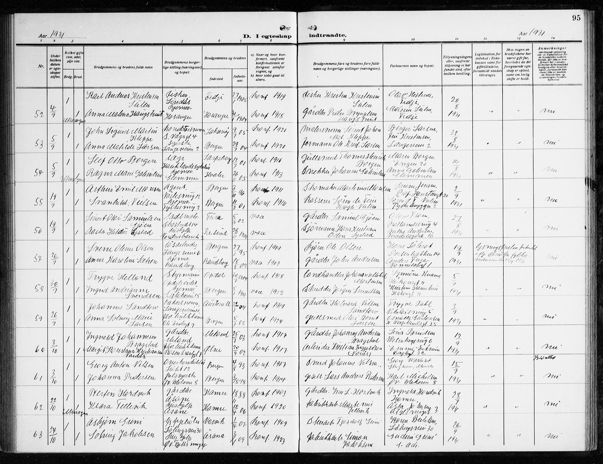 Korskirken sokneprestembete, AV/SAB-A-76101/H/Haa/L0039: Parish register (official) no. D 6, 1919-1938, p. 95