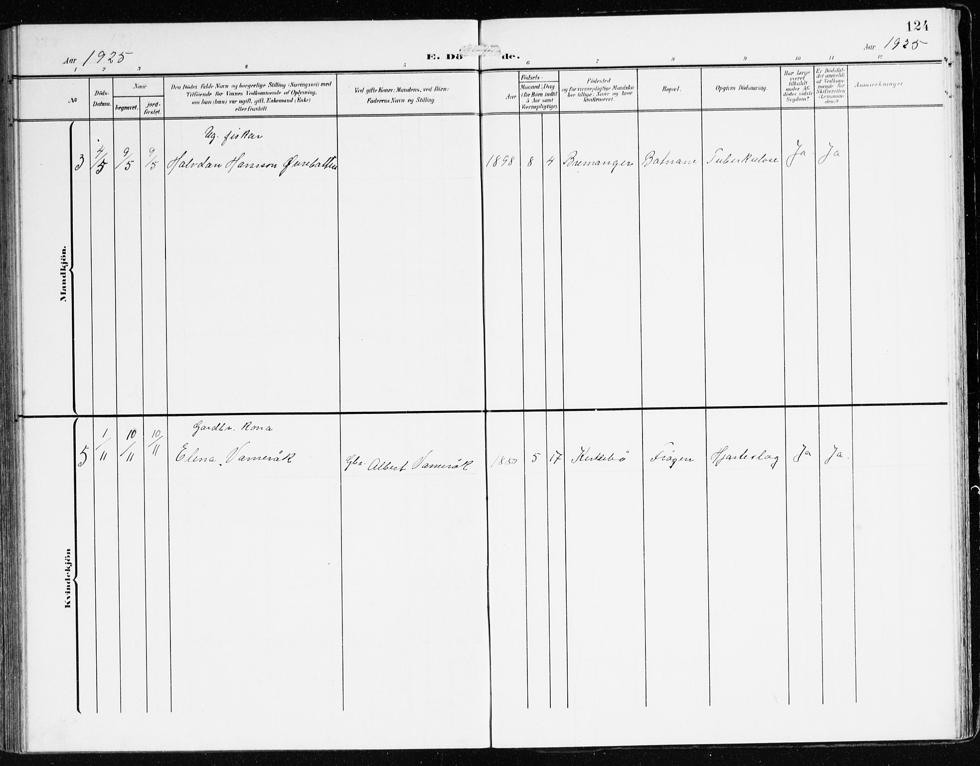 Bremanger sokneprestembete, AV/SAB-A-82201/H/Haa/Haab/L0003: Parish register (official) no. B 3, 1908-1925, p. 124