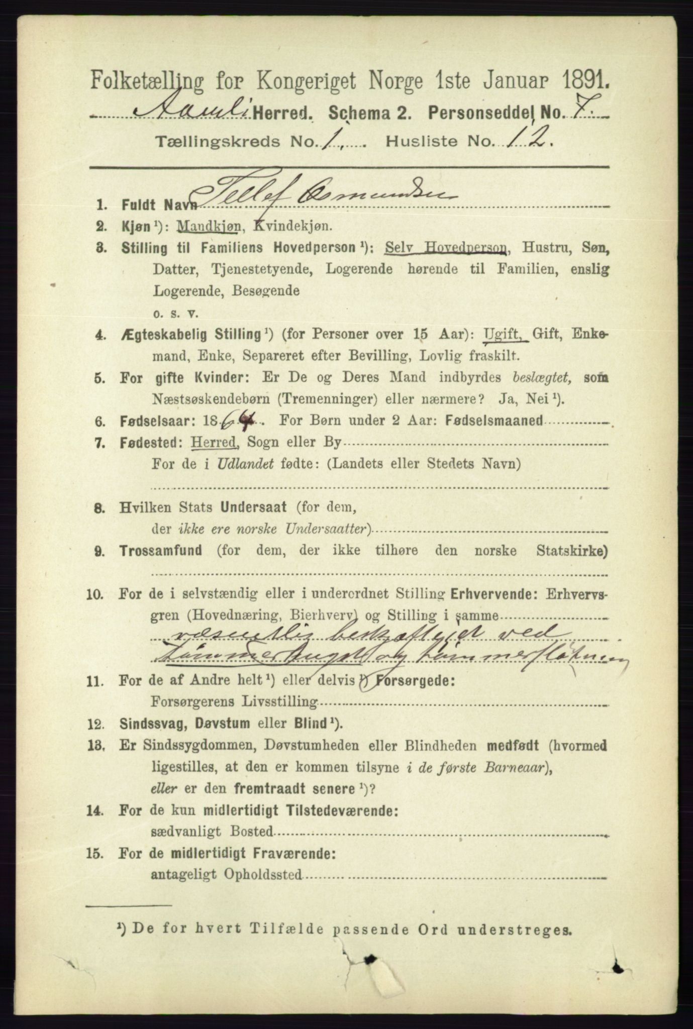 RA, 1891 census for 0929 Åmli, 1891, p. 145