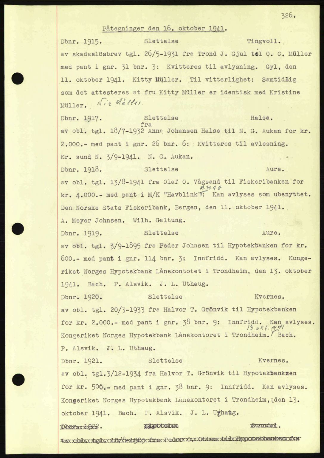 Nordmøre sorenskriveri, AV/SAT-A-4132/1/2/2Ca: Mortgage book no. C81, 1940-1945, Diary no: : 1915/1941