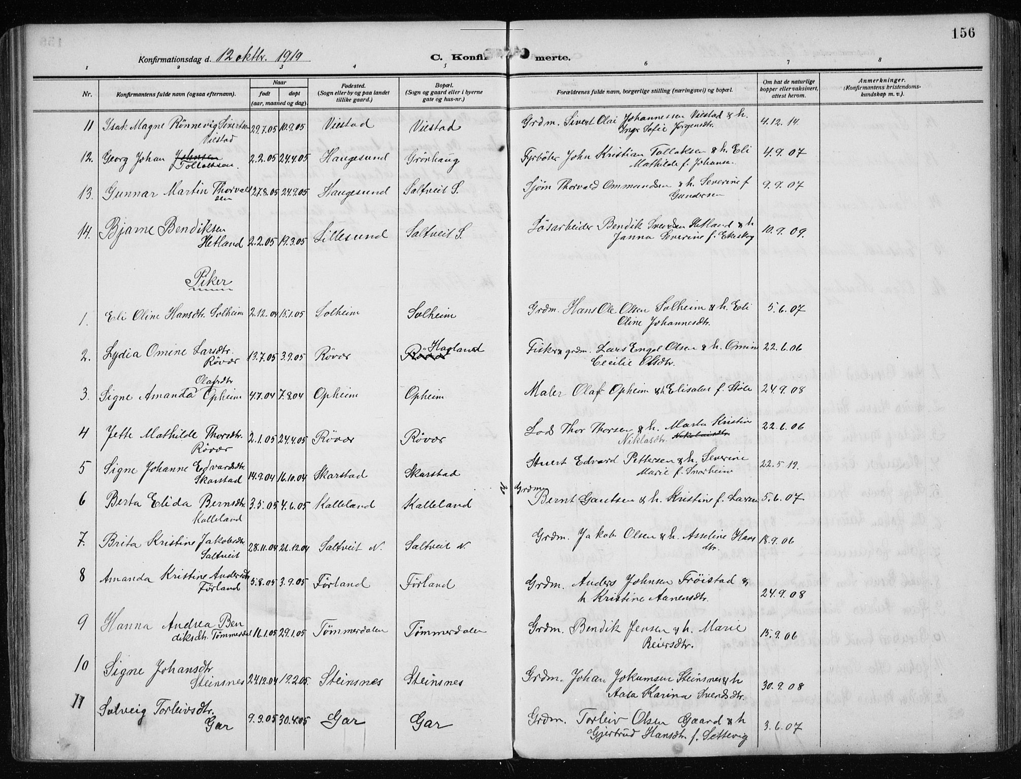 Haugesund sokneprestkontor, SAST/A -101863/H/Ha/Haa/L0010: Parish register (official) no. A 10, 1909-1935, p. 156