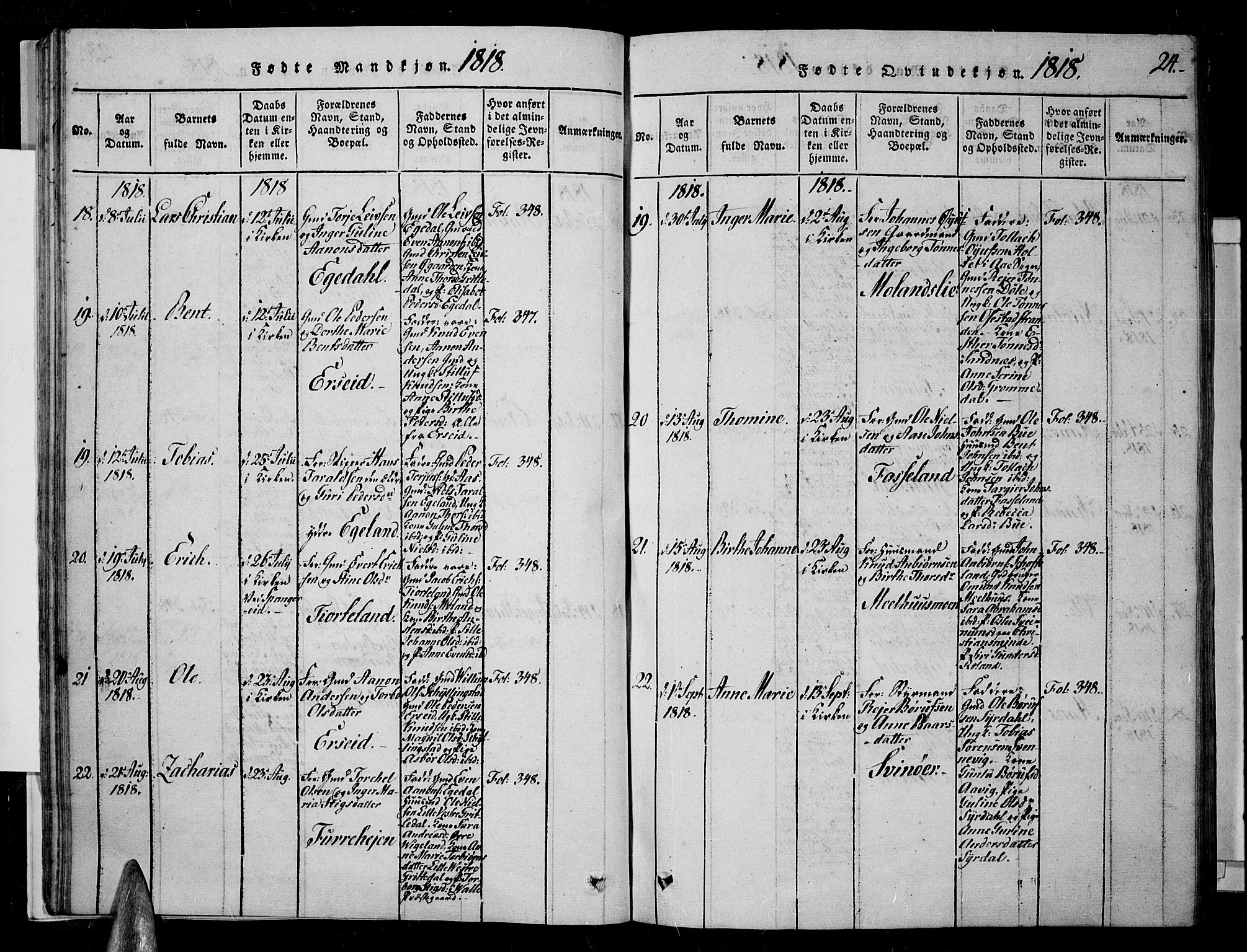 Sør-Audnedal sokneprestkontor, AV/SAK-1111-0039/F/Fa/Fab/L0005: Parish register (official) no. A 5, 1816-1830, p. 24