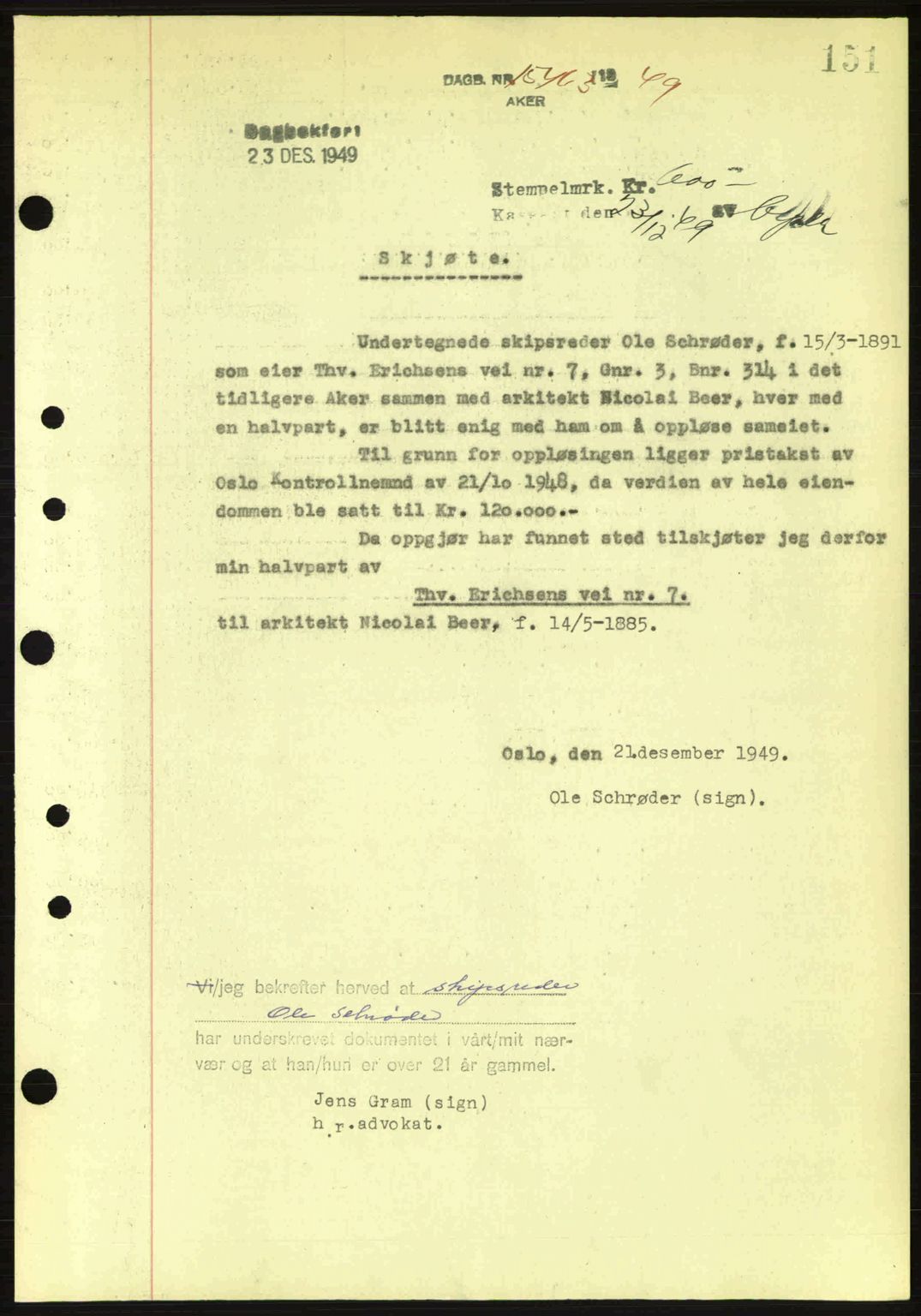 Oslo byskriverembete, AV/SAO-A-10227/G/Gb/Gbd/Gbda/L0017: Mortgage book no. A215, 1949-1950, Diary no: : 15463/1949