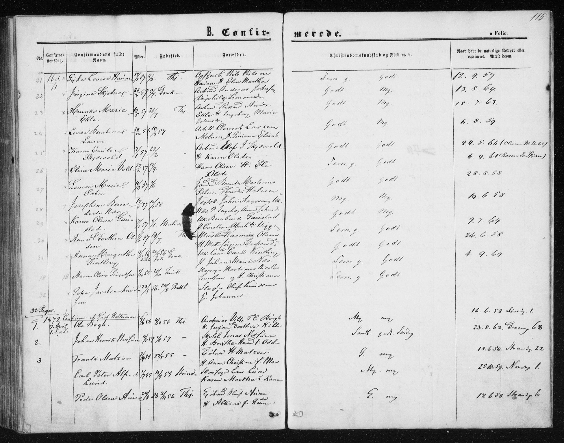 Ministerialprotokoller, klokkerbøker og fødselsregistre - Sør-Trøndelag, SAT/A-1456/602/L0114: Parish register (official) no. 602A12, 1856-1872, p. 115