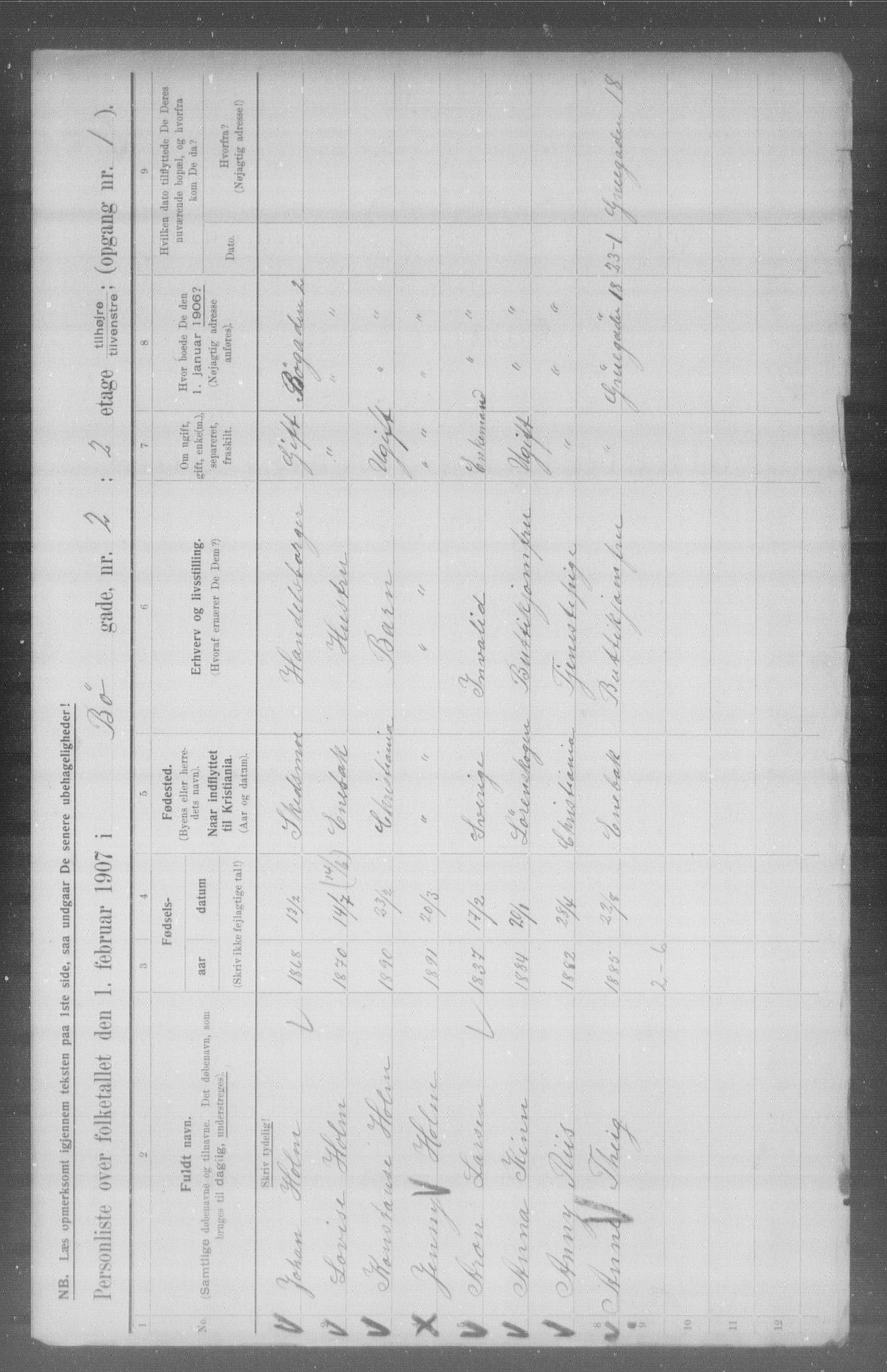 OBA, Municipal Census 1907 for Kristiania, 1907, p. 5708