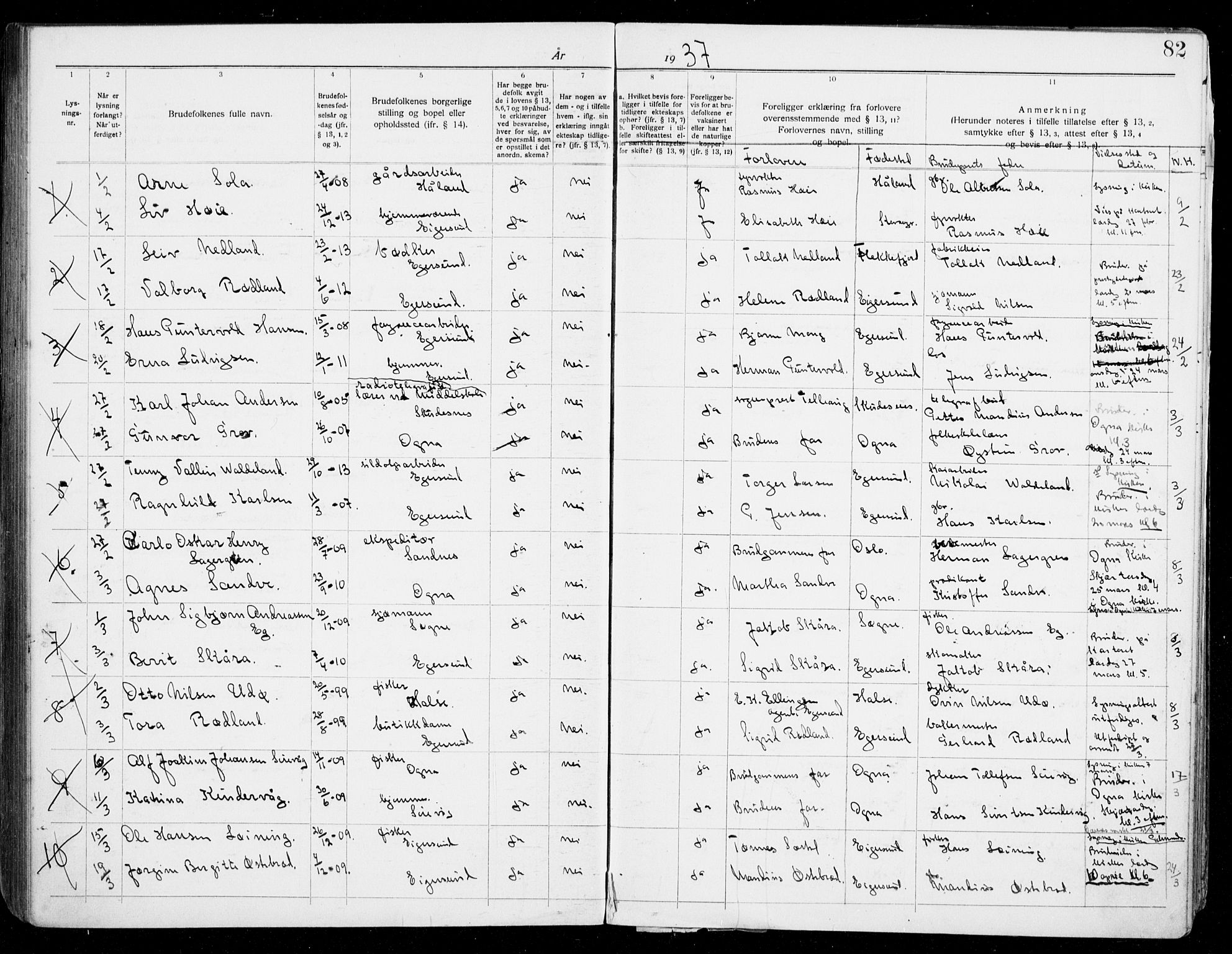 Eigersund sokneprestkontor, AV/SAST-A-101807/S27/L0003: Banns register no. 3, 1919-1939, p. 82