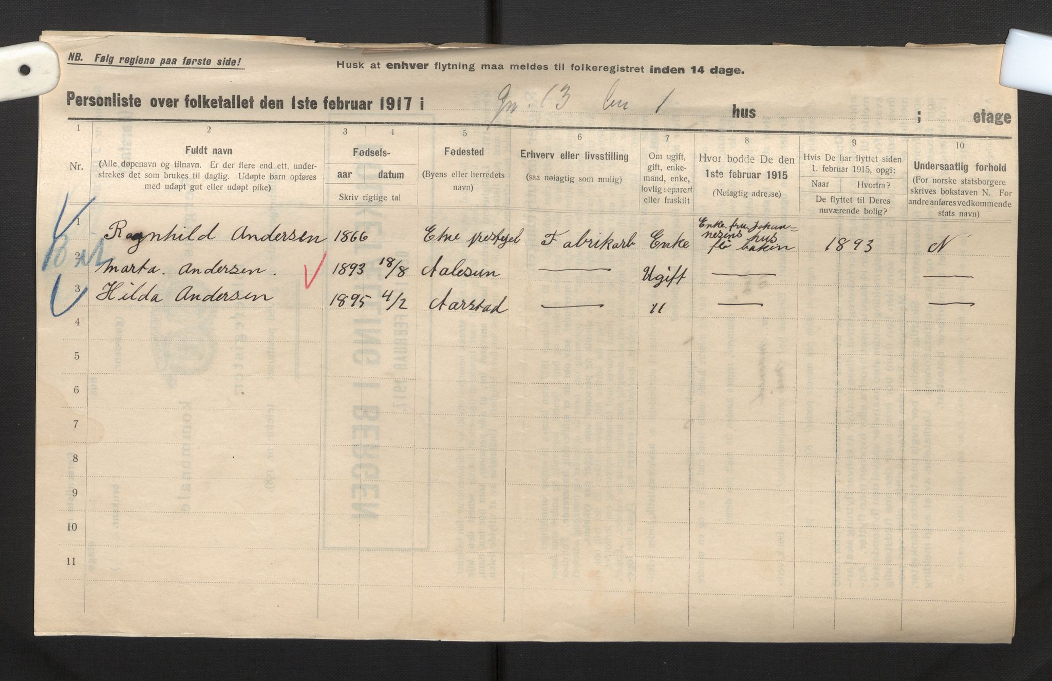 SAB, Municipal Census 1917 for Bergen, 1917, p. 52320