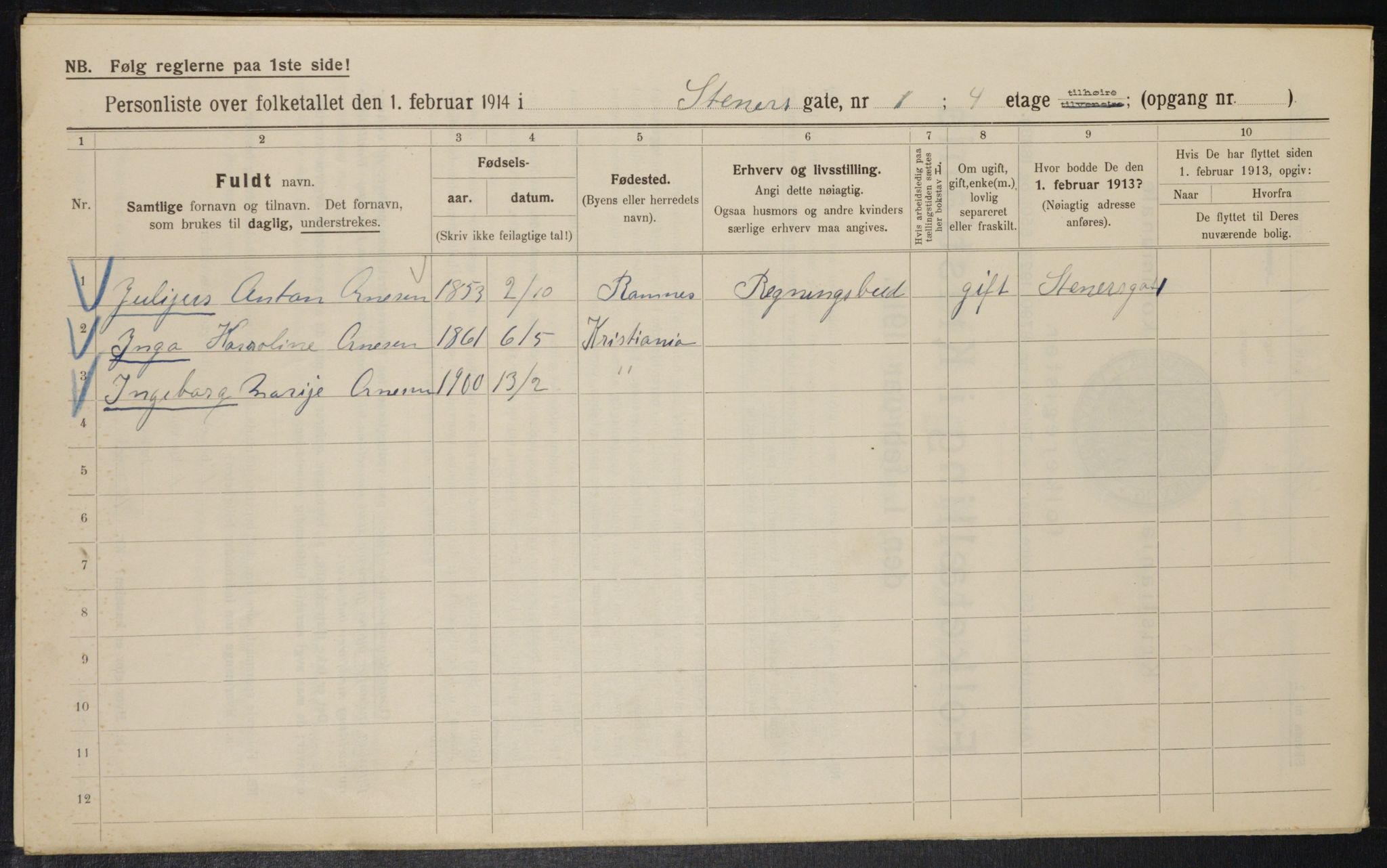 OBA, Municipal Census 1914 for Kristiania, 1914, p. 101395