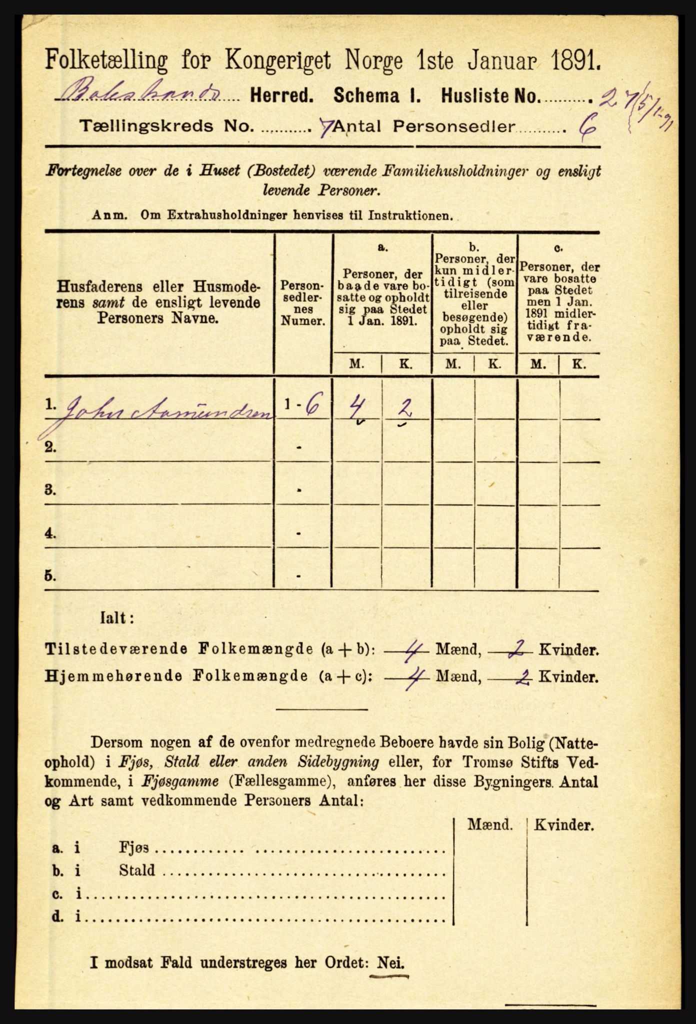 RA, 1891 census for 1418 Balestrand, 1891, p. 1506