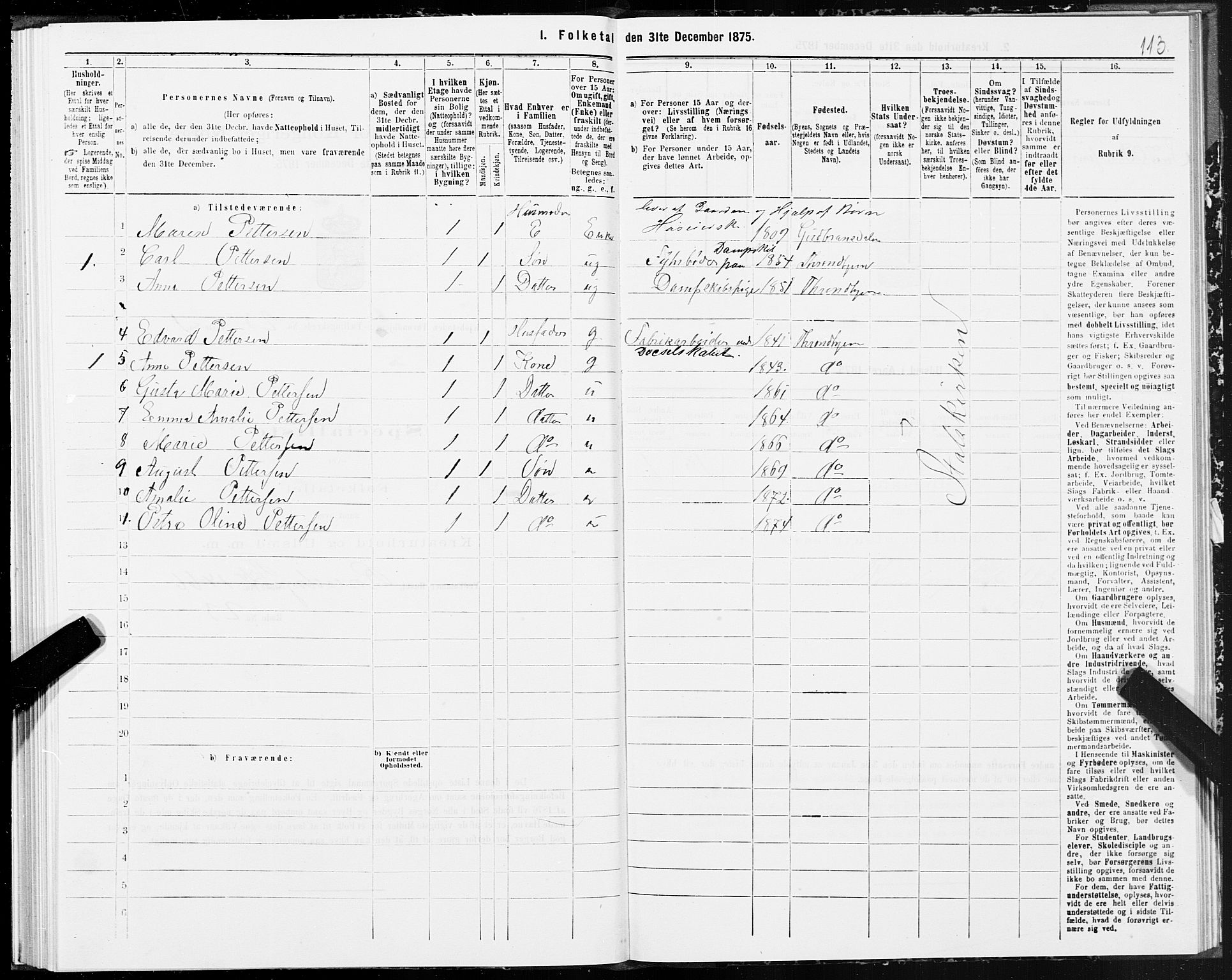 SAT, 1875 census for 1601 Trondheim, 1875, p. 12113