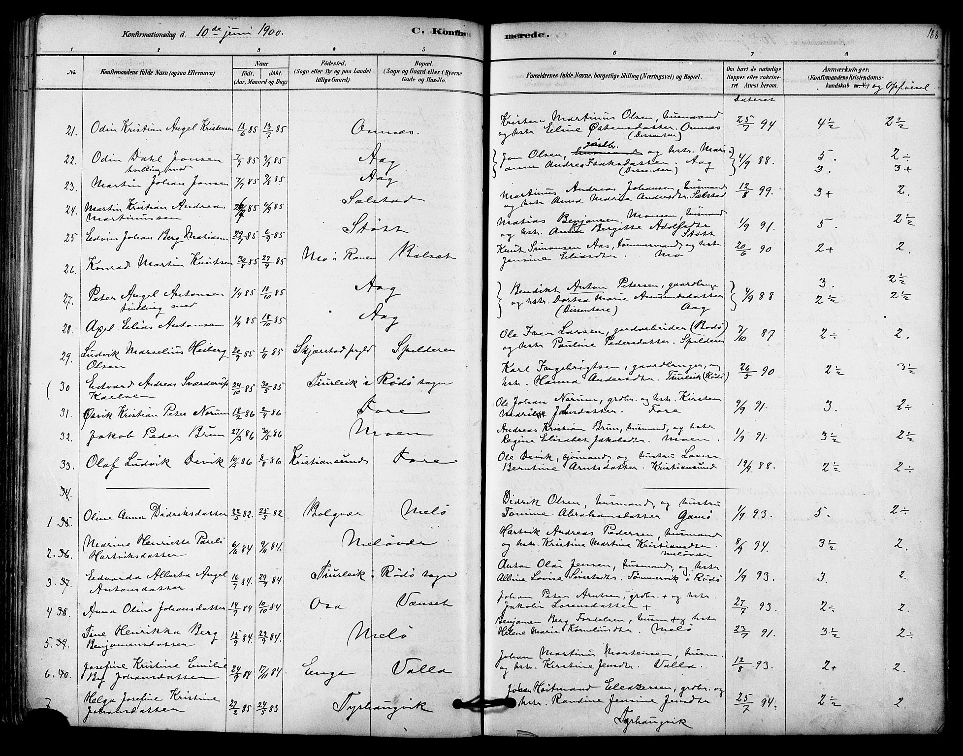 Ministerialprotokoller, klokkerbøker og fødselsregistre - Nordland, SAT/A-1459/843/L0626: Parish register (official) no. 843A01, 1878-1907, p. 188