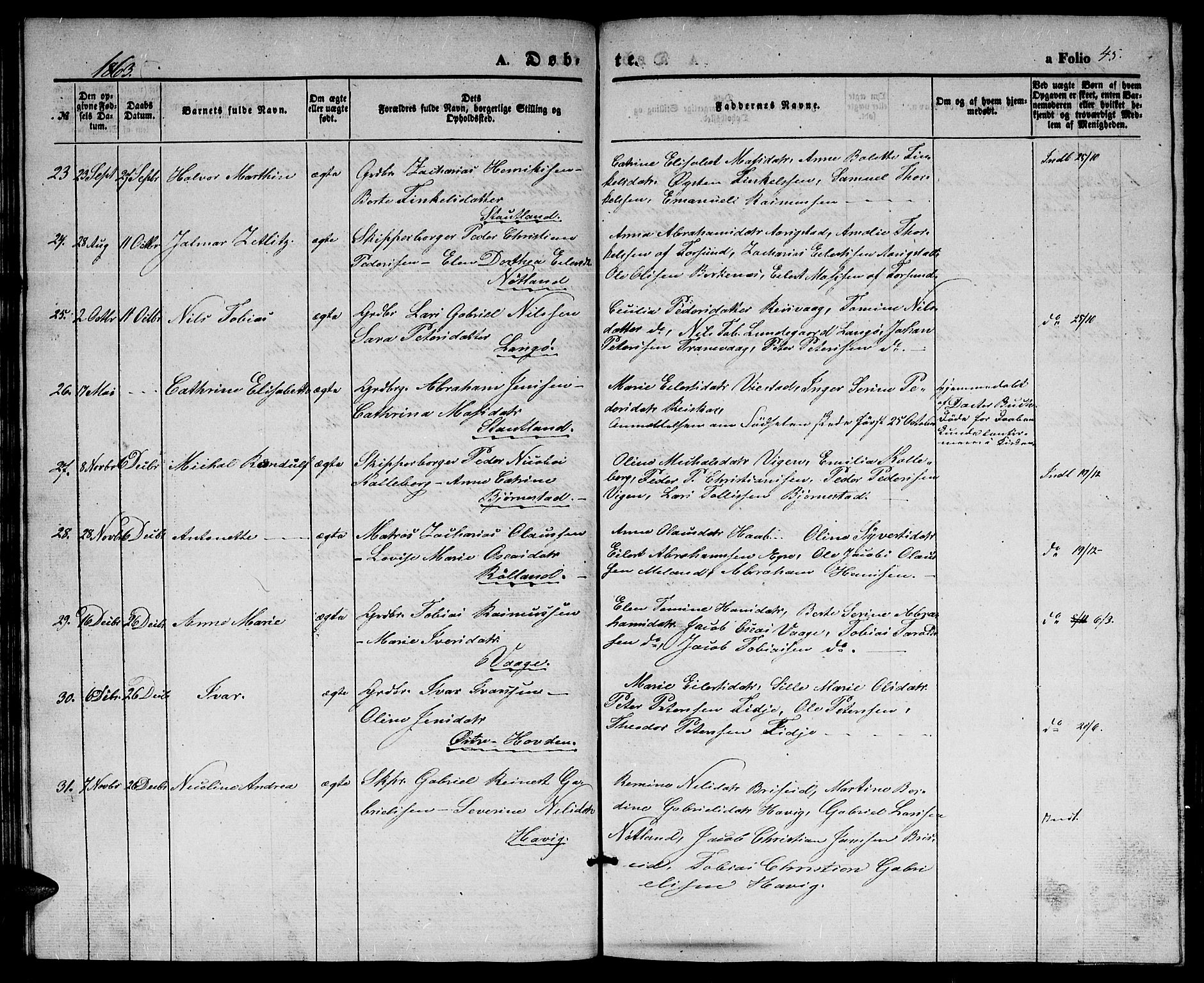 Herad sokneprestkontor, SAK/1111-0018/F/Fb/Fbb/L0002: Parish register (copy) no. B 2, 1853-1871, p. 45