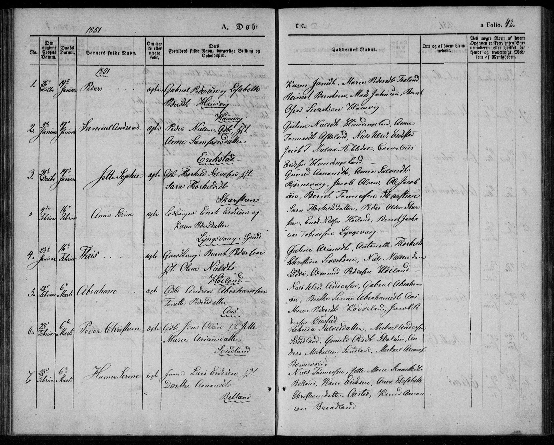 Lyngdal sokneprestkontor, SAK/1111-0029/F/Fa/Faa/L0001: Parish register (official) no. A 1, 1837-1857, p. 42