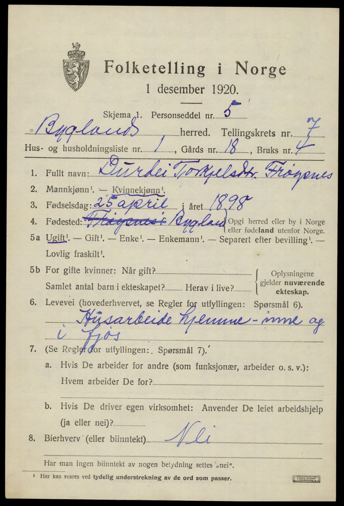 SAK, 1920 census for Bygland, 1920, p. 2627