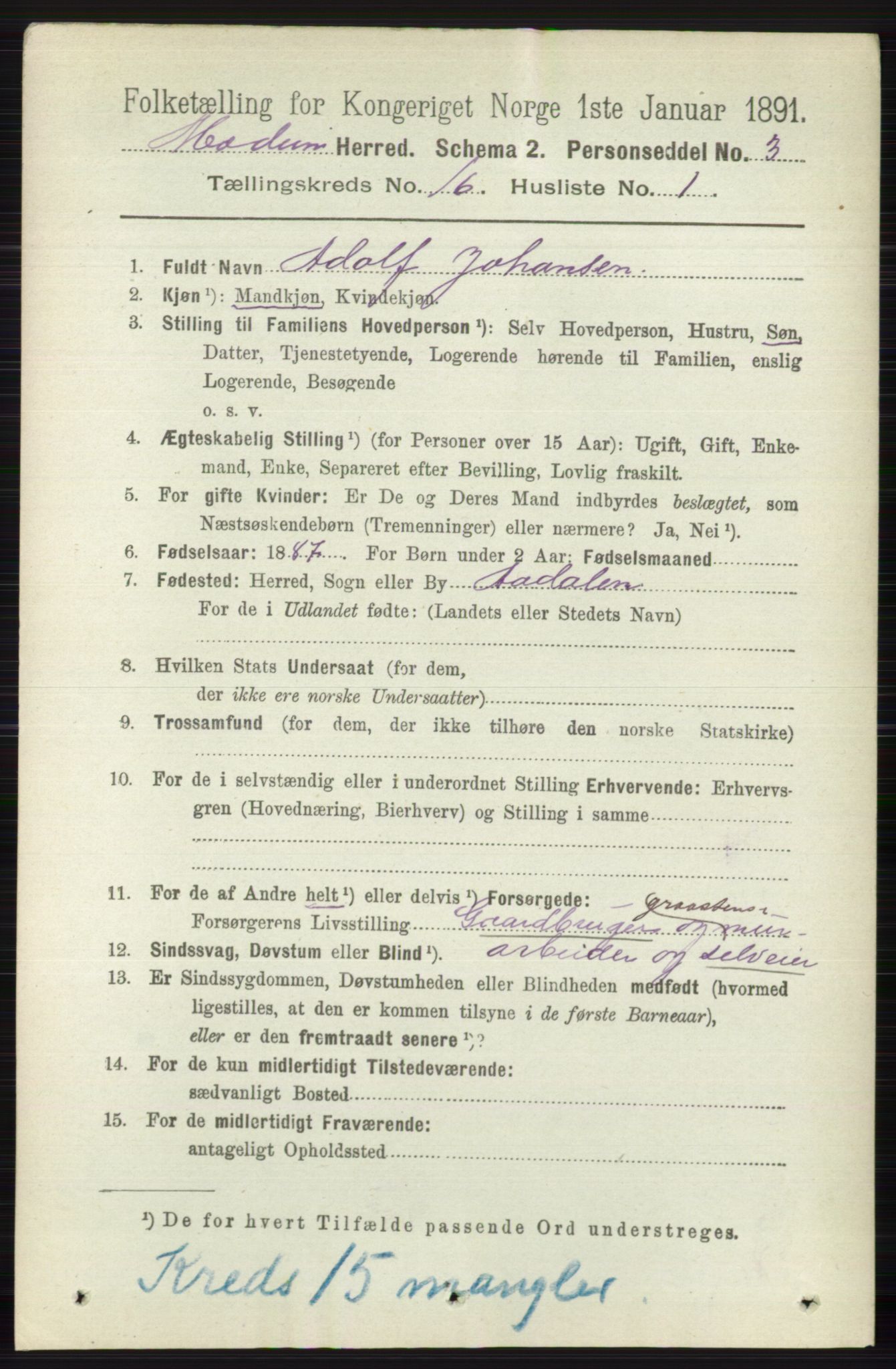 RA, 1891 census for 0623 Modum, 1891, p. 6188