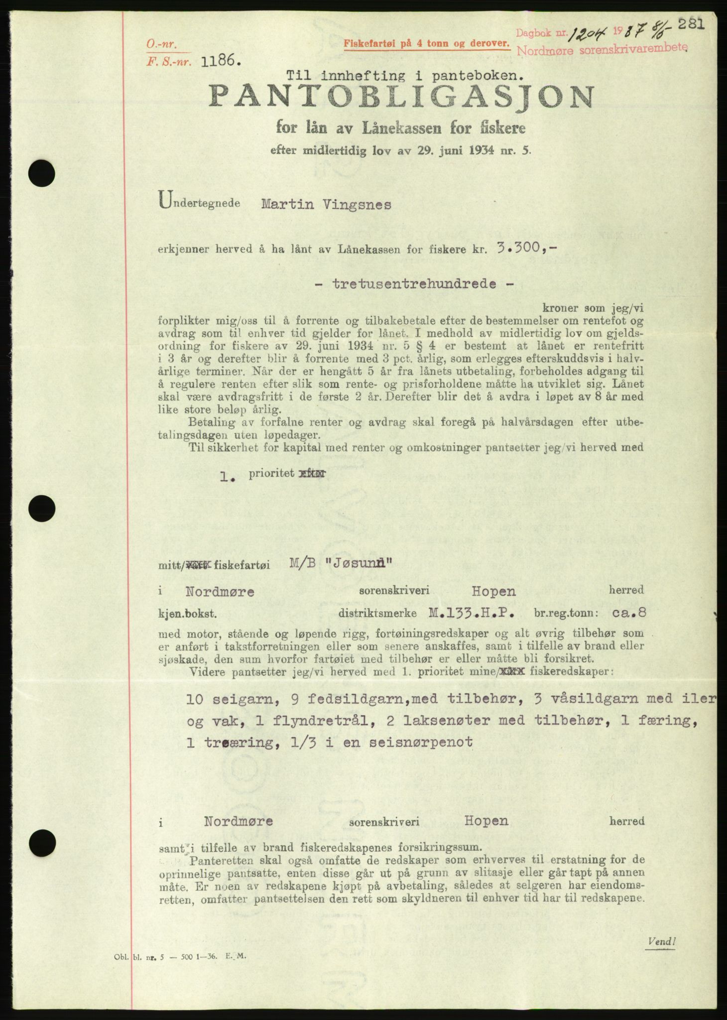 Nordmøre sorenskriveri, AV/SAT-A-4132/1/2/2Ca/L0091: Mortgage book no. B81, 1937-1937, Diary no: : 1204/1937