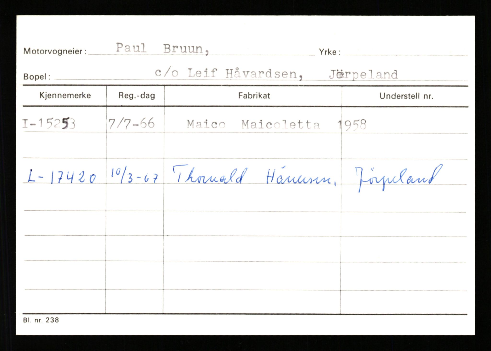 Stavanger trafikkstasjon, SAST/A-101942/0/G/L0003: Registreringsnummer: 10466 - 15496, 1930-1971, p. 3030