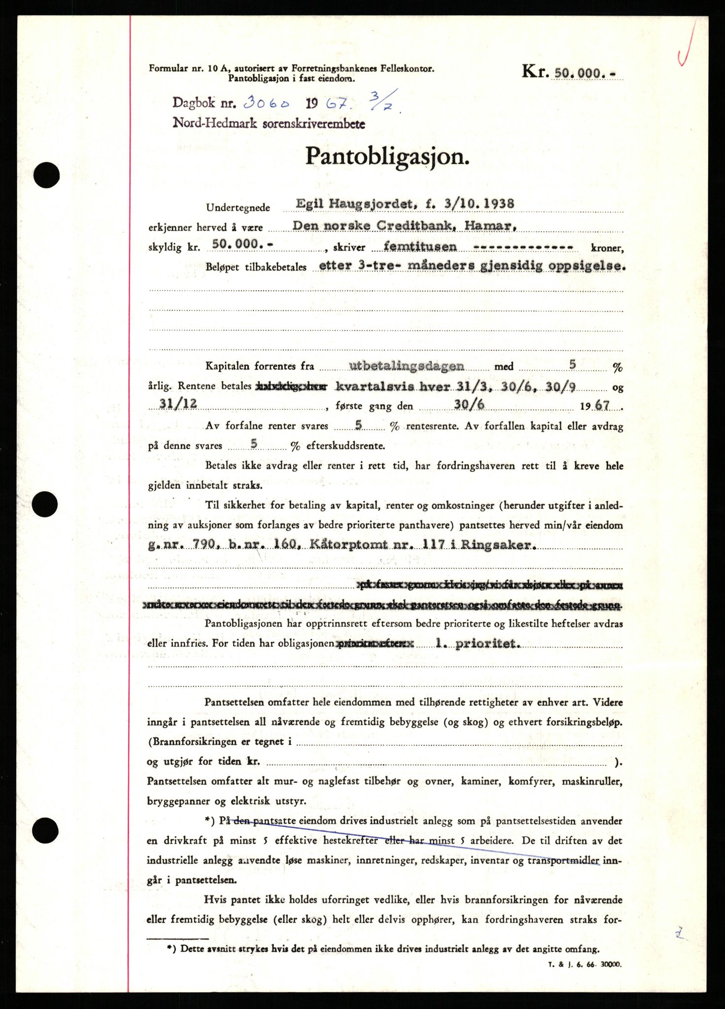 Nord-Hedmark sorenskriveri, SAH/TING-012/H/Hb/Hbf/L0071: Mortgage book no. B71, 1967-1967, Diary no: : 3060/1967