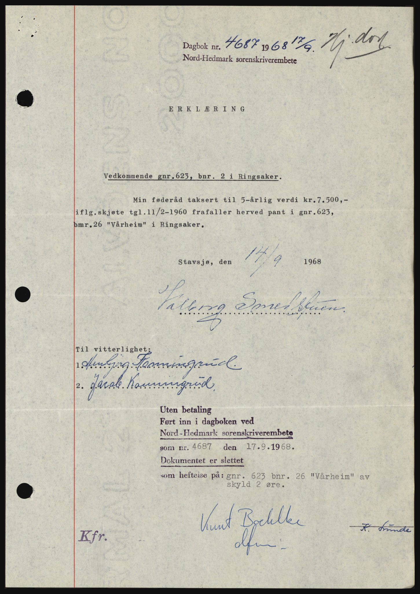 Nord-Hedmark sorenskriveri, SAH/TING-012/H/Hc/L0028: Mortgage book no. 28, 1968-1968, Diary no: : 4687/1968