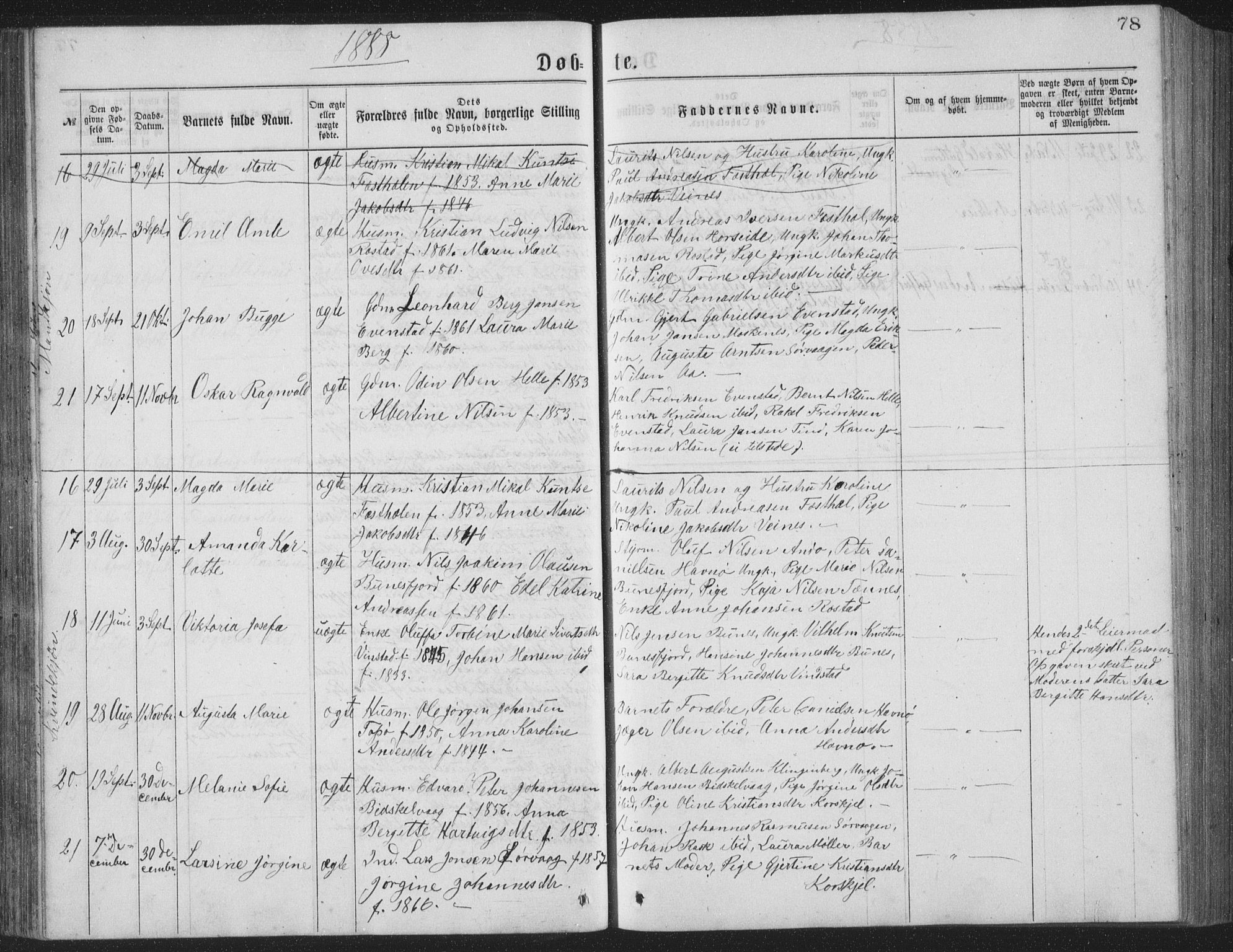 Ministerialprotokoller, klokkerbøker og fødselsregistre - Nordland, AV/SAT-A-1459/886/L1225: Parish register (copy) no. 886C02, 1874-1896, p. 78
