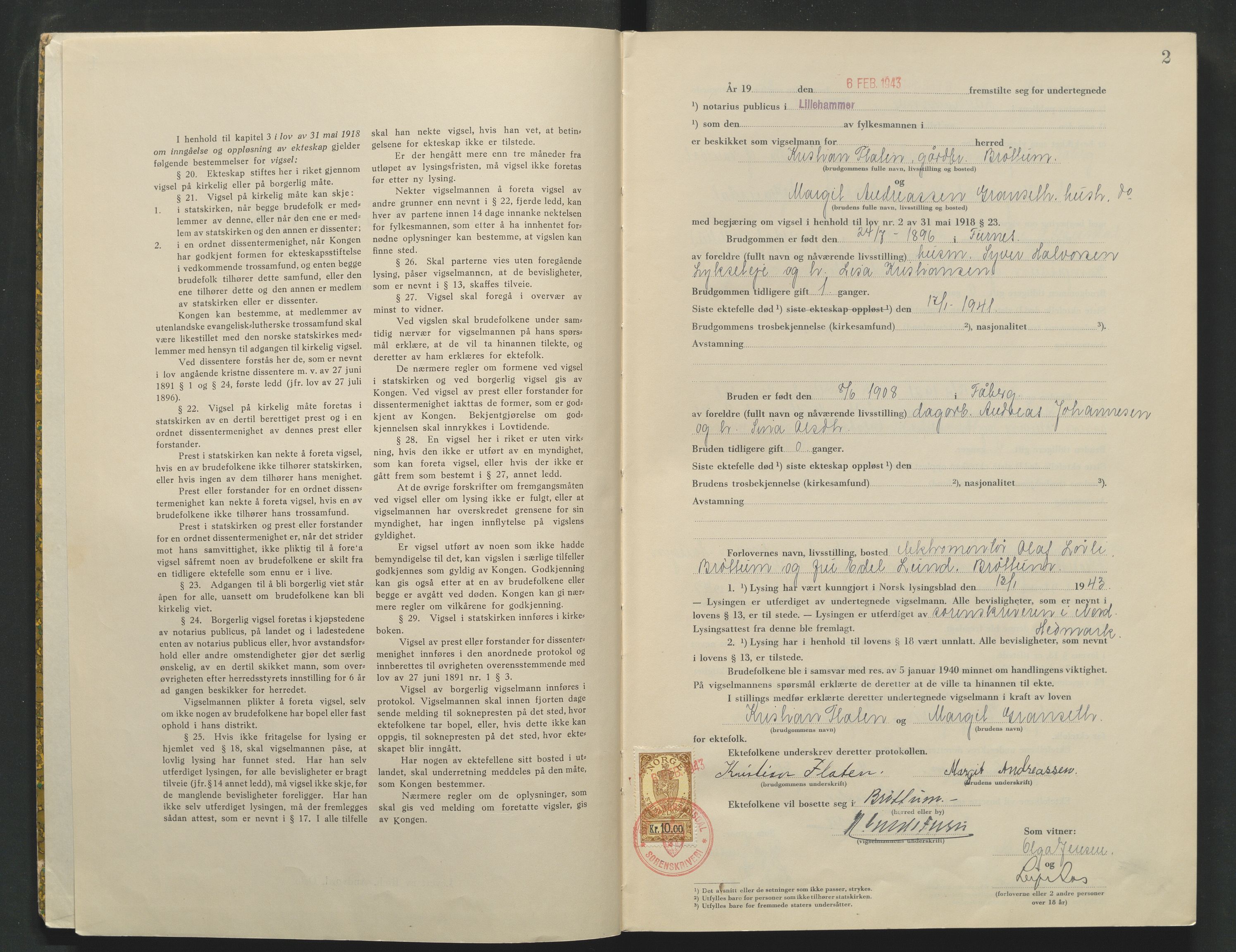 Sør-Gudbrandsdal tingrett, AV/SAH-TING-004/L/Lc/L0003: Vigselsprotokoll, 1943, p. 2