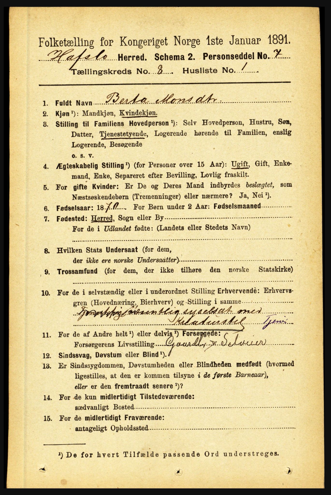 RA, 1891 census for 1425 Hafslo, 1891, p. 3184