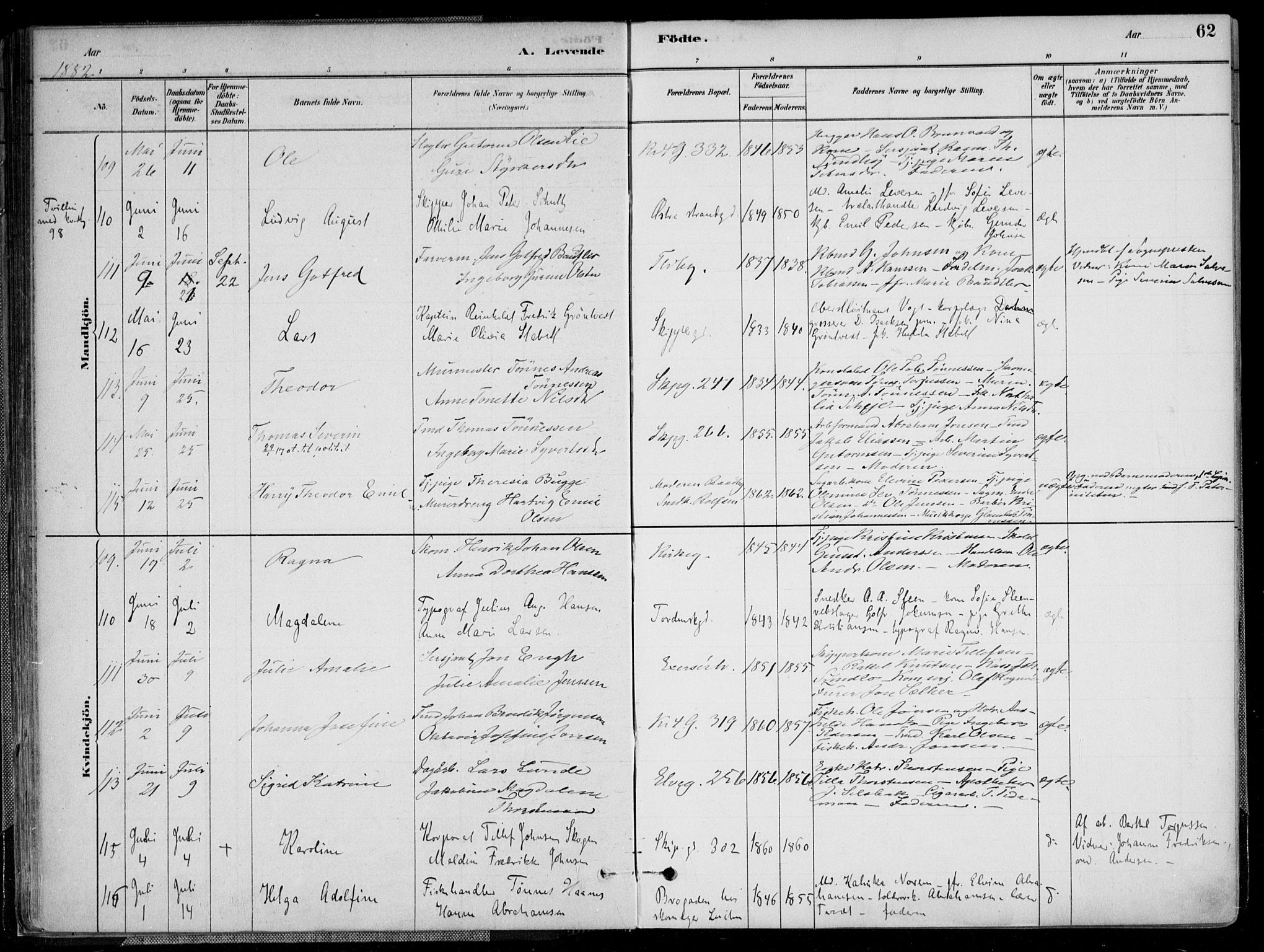 Kristiansand domprosti, SAK/1112-0006/F/Fa/L0016: Parish register (official) no. A 16A, 1880-1890, p. 62