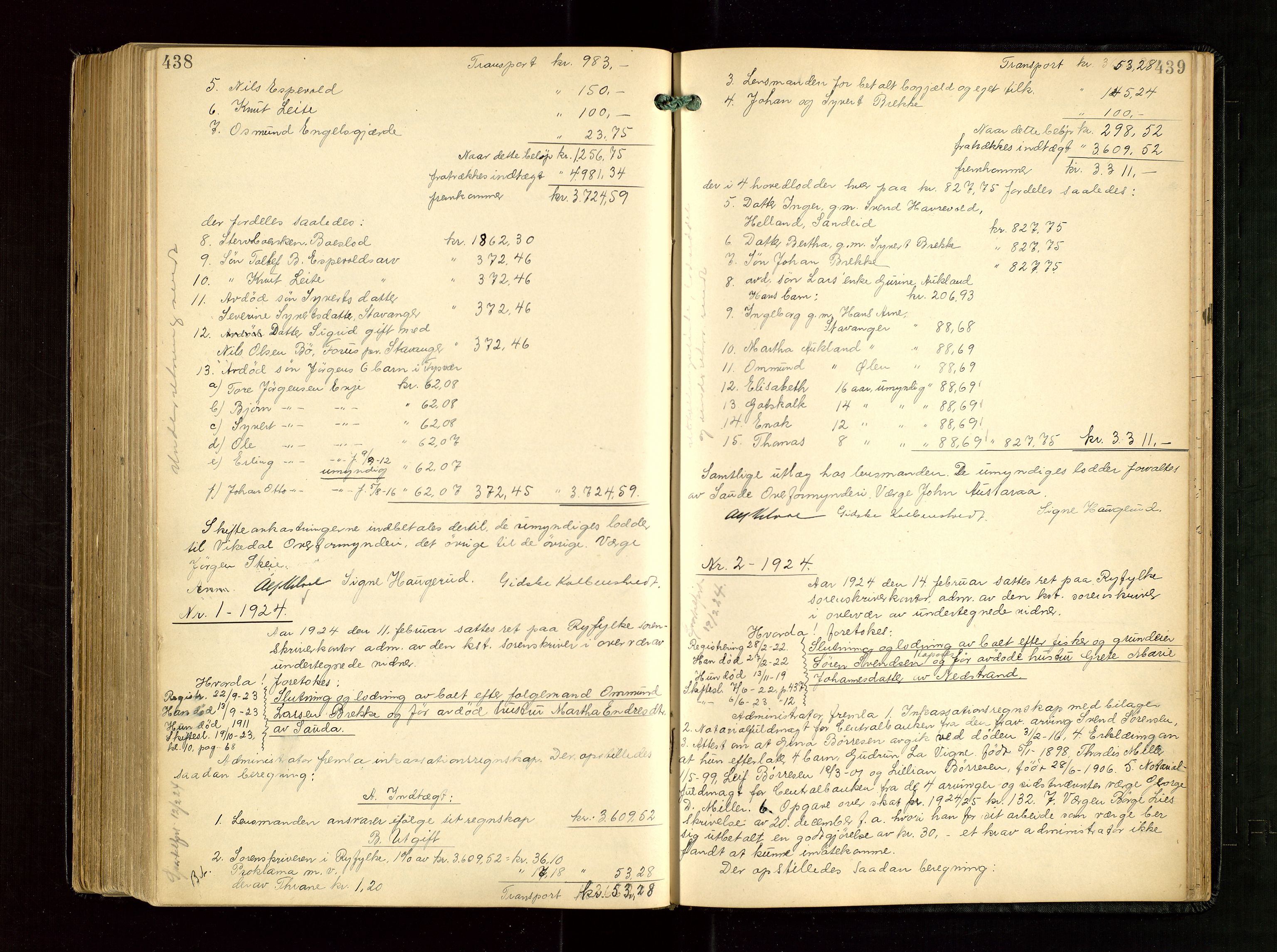 Ryfylke tingrett, SAST/A-100055/001/IV/IVG/L0005: Skifteudlodningsprotokoll Med register, 1918-1924, p. 438-439