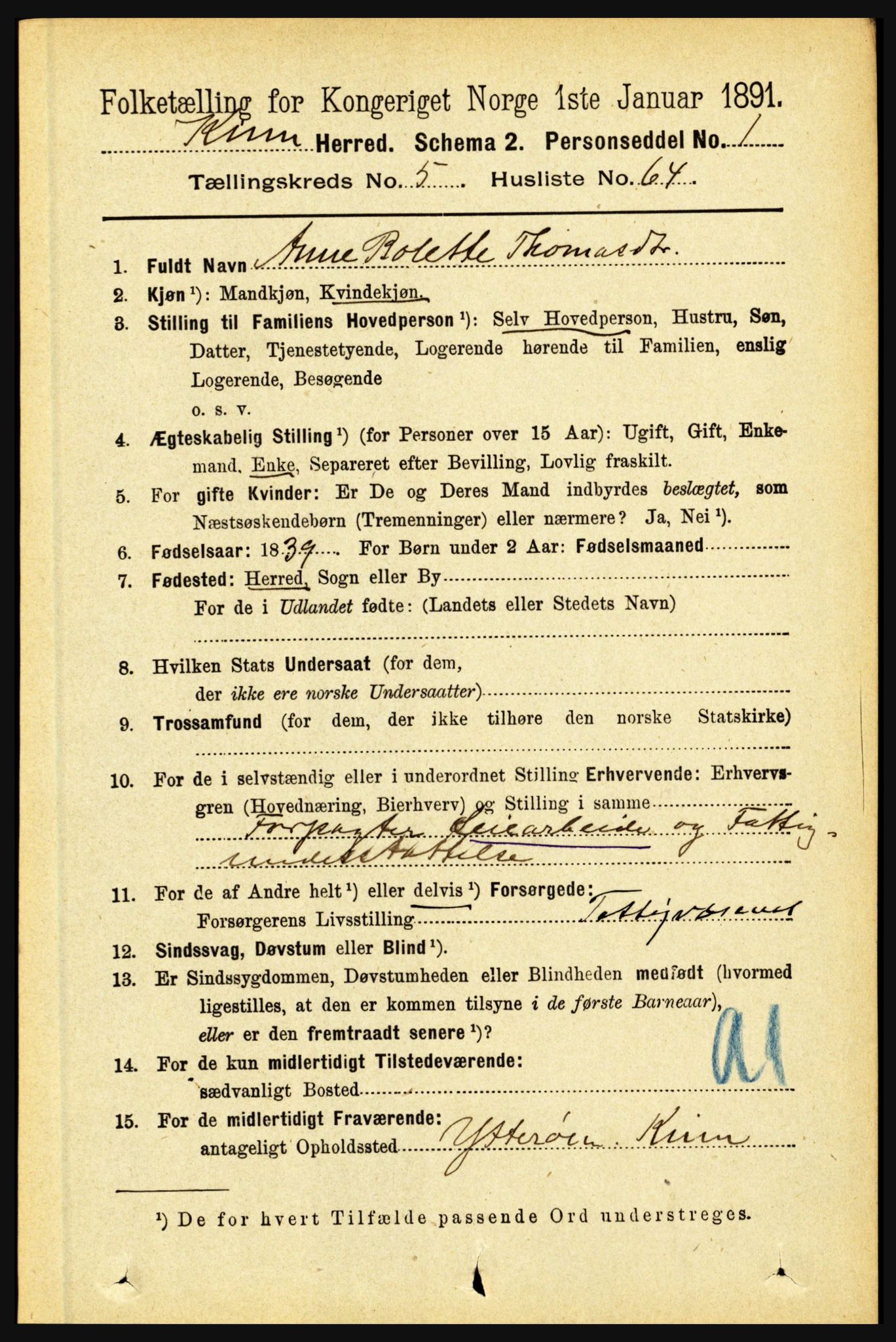 RA, 1891 census for 1437 Kinn, 1891, p. 2159