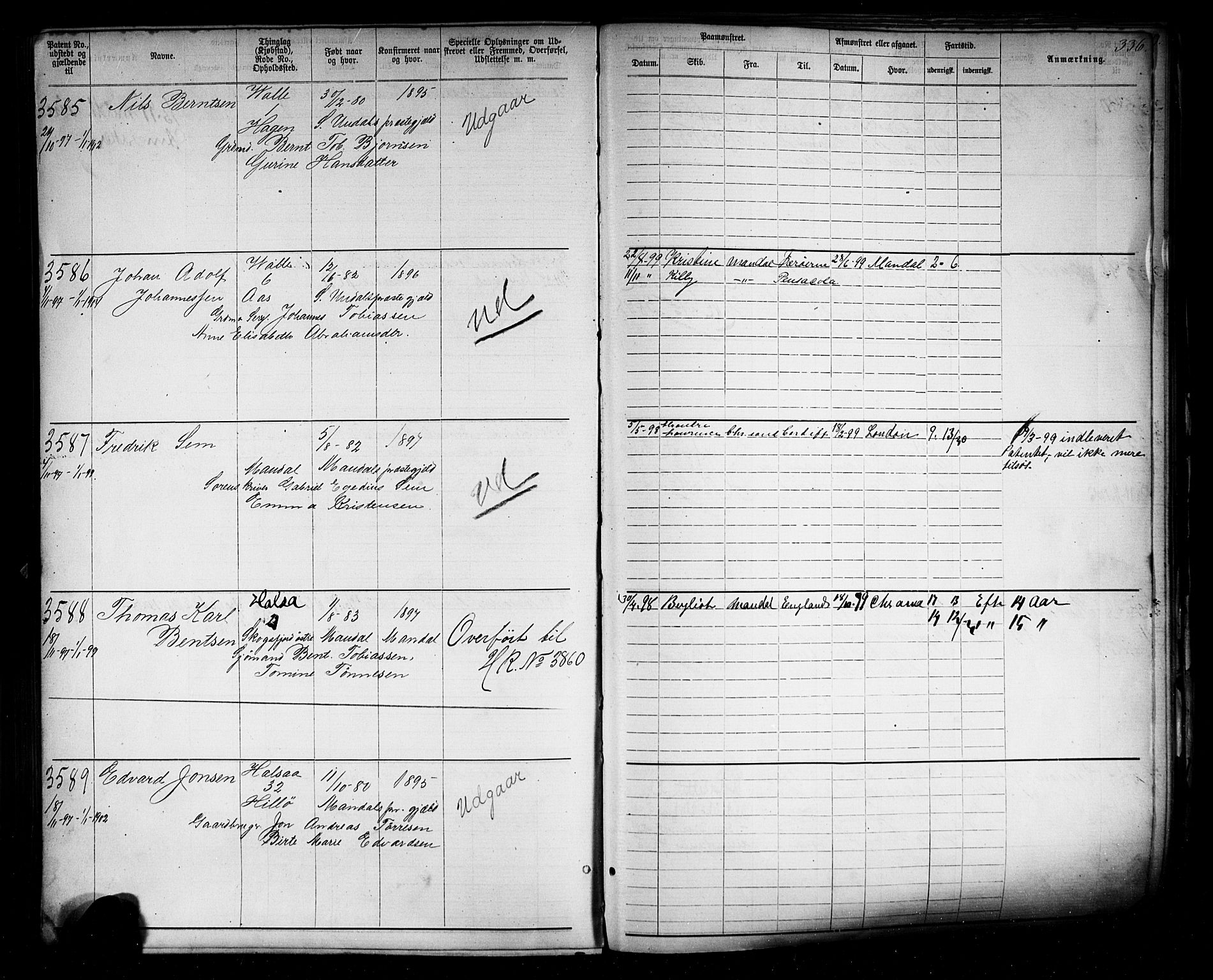 Mandal mønstringskrets, SAK/2031-0016/F/Fa/L0006: Annotasjonsrulle nr 1910-3819 med register, Y-16, 1881-1901, p. 374