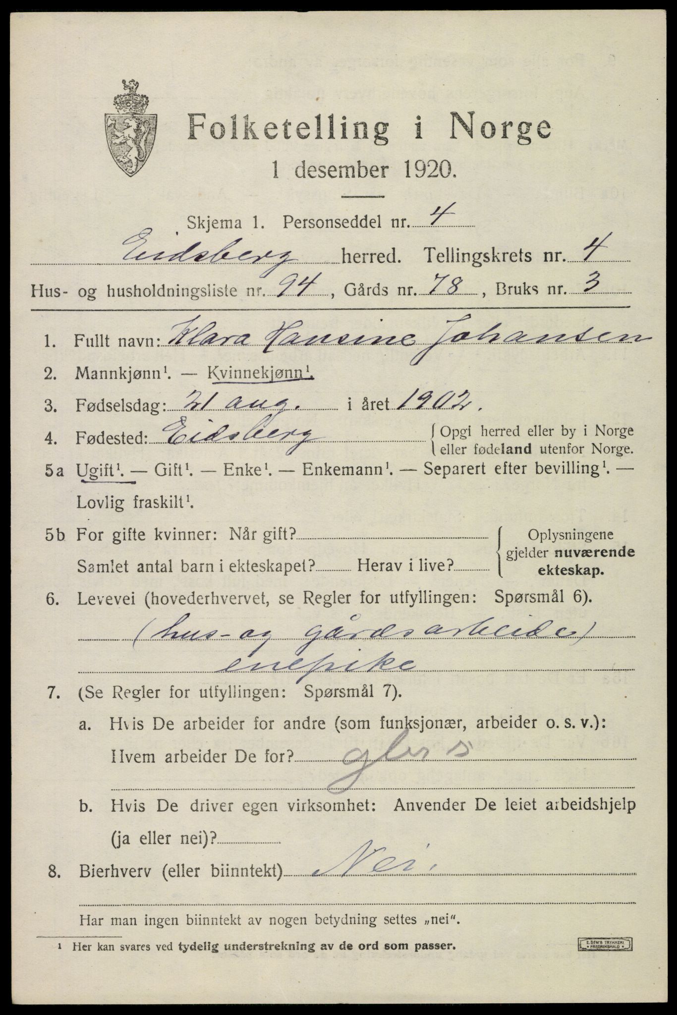 SAO, 1920 census for Eidsberg, 1920, p. 6737