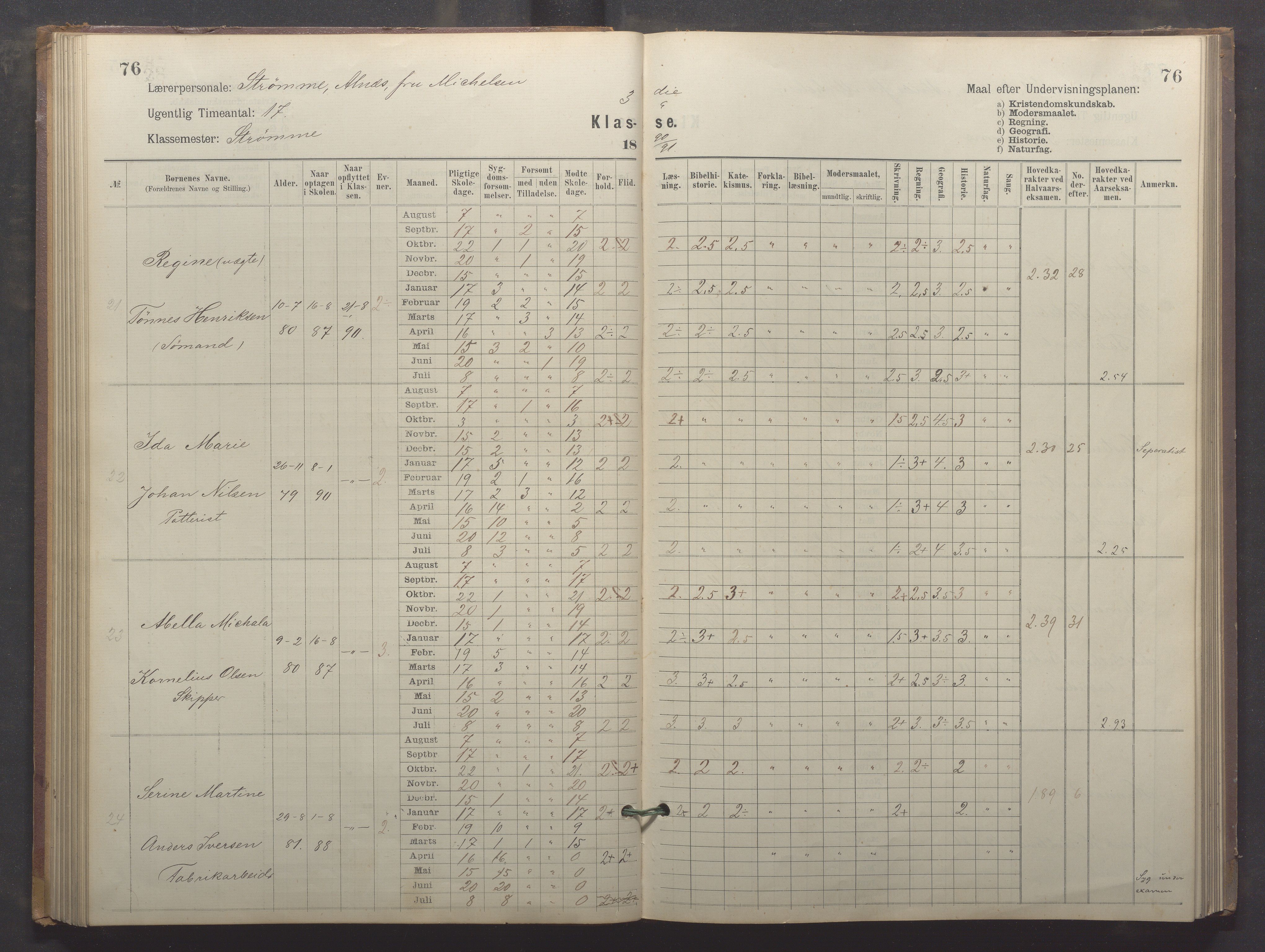 Egersund kommune (Ladested) - Egersund almueskole/folkeskole, IKAR/K-100521/H/L0024: Skoleprotokoll - Almueskolen, 3. klasse, 1887-1892, p. 76