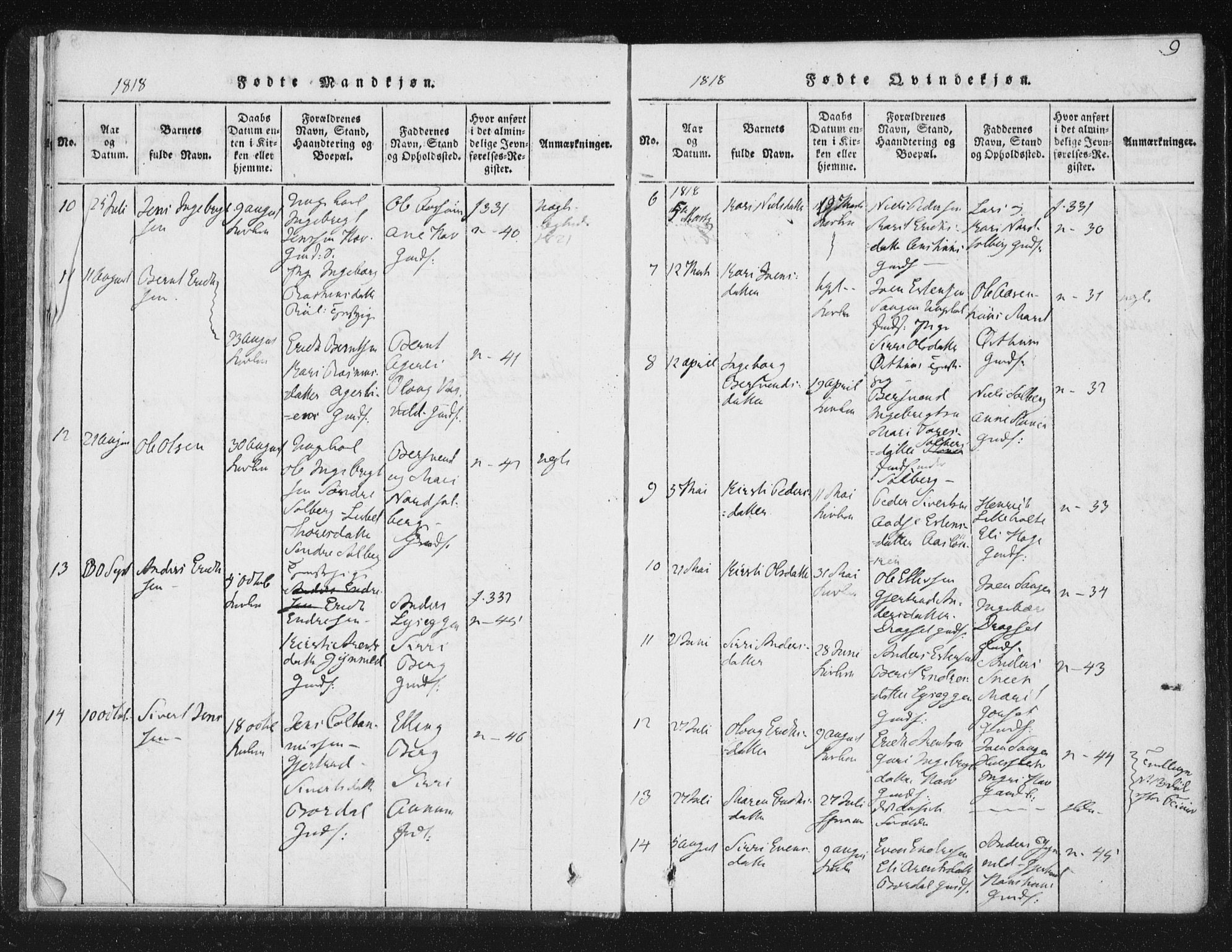 Ministerialprotokoller, klokkerbøker og fødselsregistre - Sør-Trøndelag, SAT/A-1456/689/L1037: Parish register (official) no. 689A02, 1816-1842, p. 9