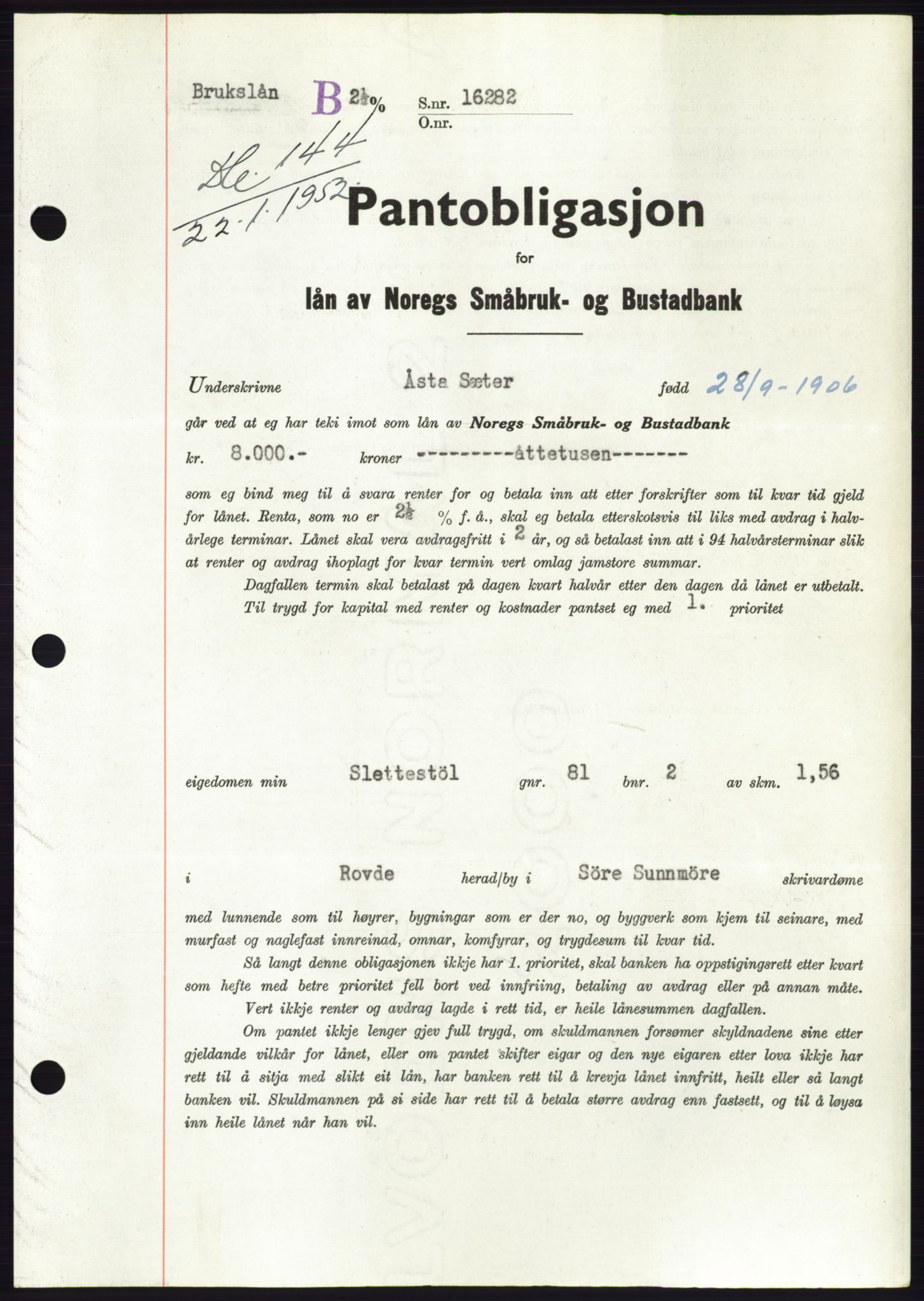 Søre Sunnmøre sorenskriveri, AV/SAT-A-4122/1/2/2C/L0121: Mortgage book no. 9B, 1951-1952, Diary no: : 144/1952