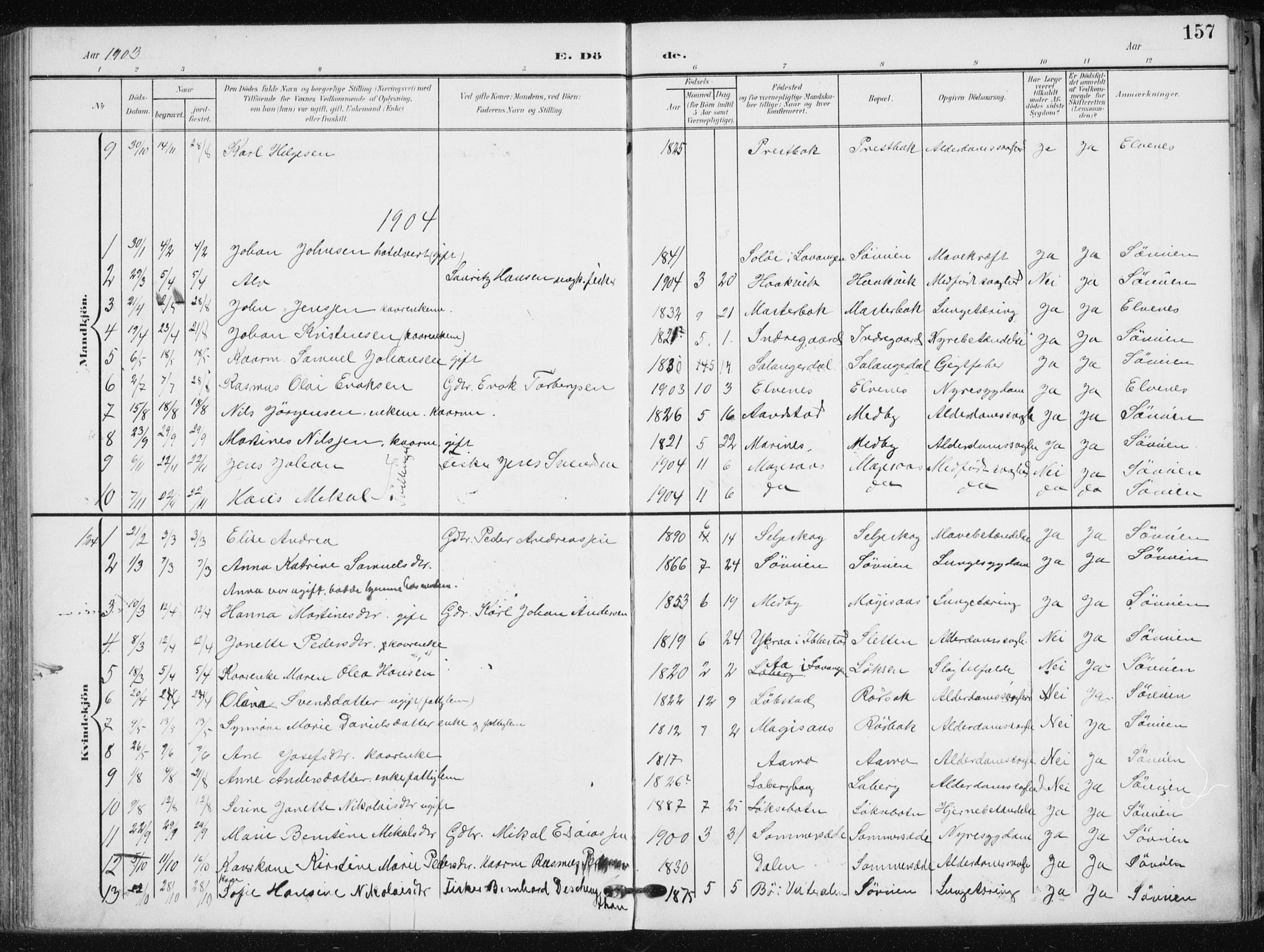 Salangen sokneprestembete, SATØ/S-1324/H/Ha/L0002kirke: Parish register (official) no. 2, 1902-1911, p. 157