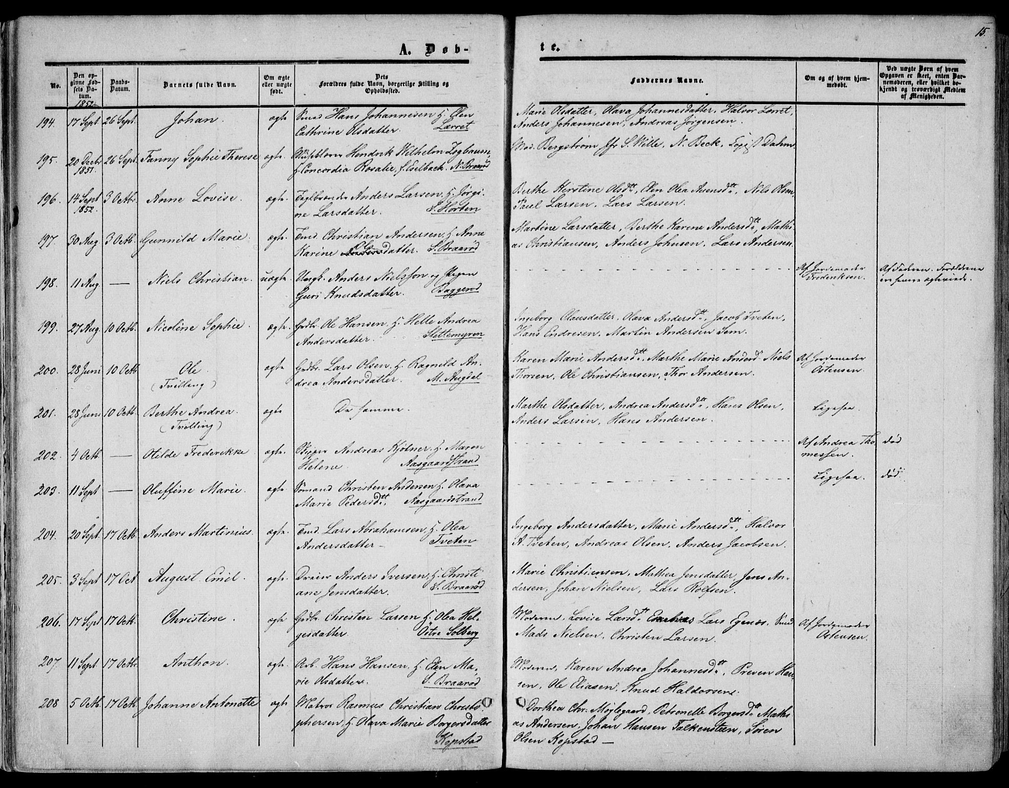 Borre kirkebøker, AV/SAKO-A-338/F/Fa/L0006: Parish register (official) no. I 6, 1852-1862, p. 15