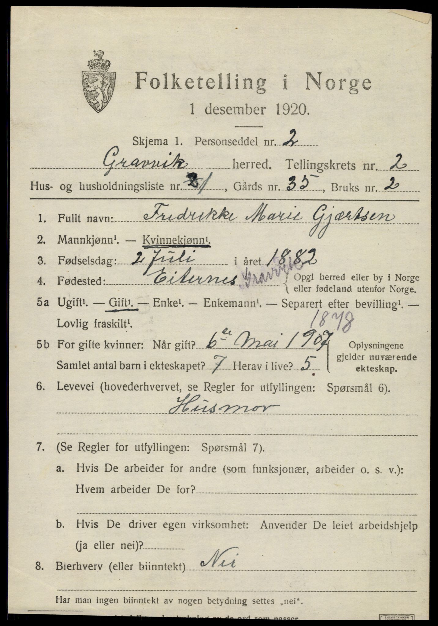 SAT, 1920 census for Gravvik, 1920, p. 862